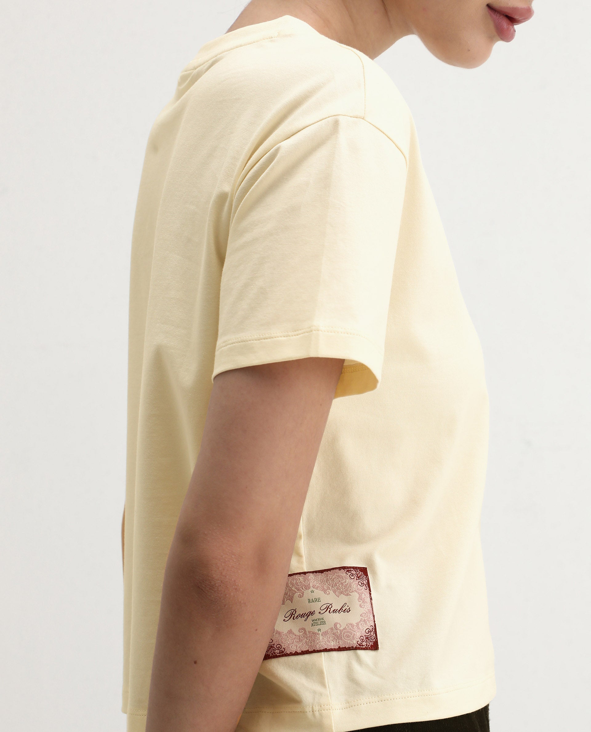 Rareism Women's Rubis Off White Cotton Blend Crew Neck Regular Fit T-Shirt