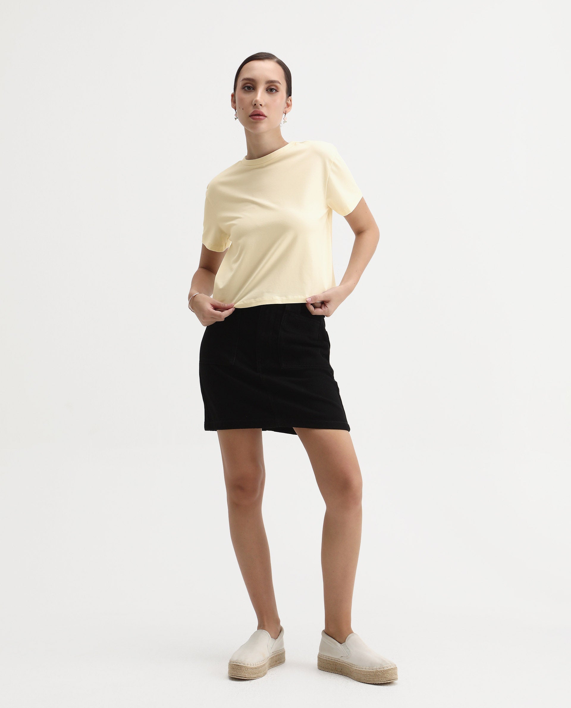 Rareism Women's Rubis Off White Cotton Blend Crew Neck Regular Fit T-Shirt