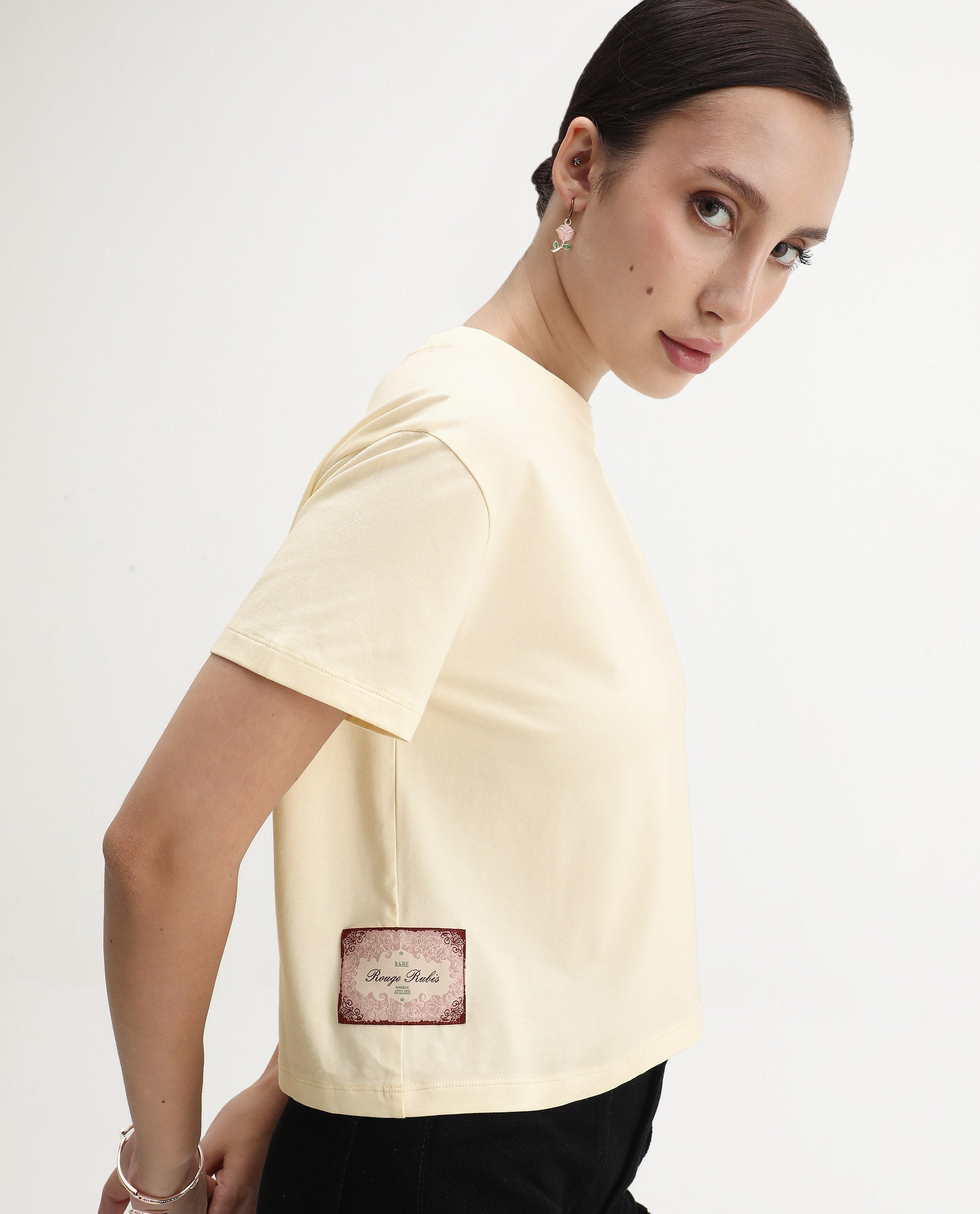 Rareism Women's Rubis Off White Cotton Blend Crew Neck Regular Fit T-Shirt