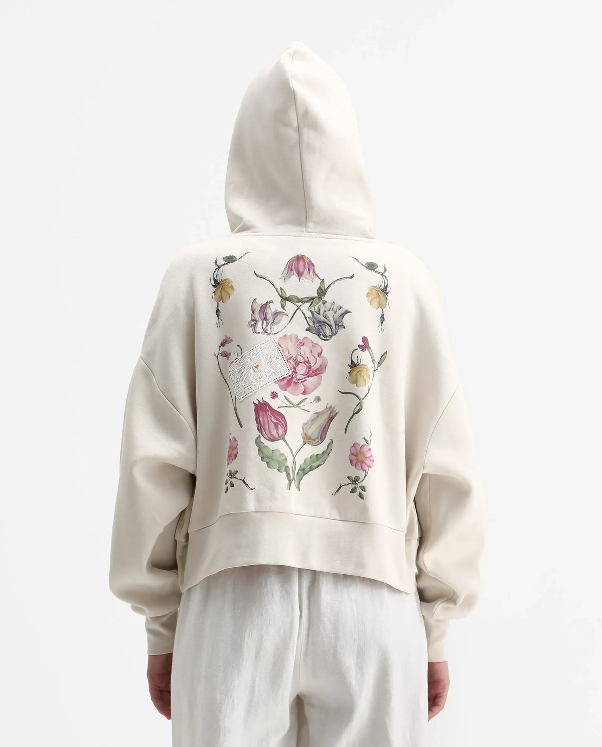 Rareism Women's Slio Light Beige Cotton Blend Hooded Oversize Fit Floral Print Sweatshirt