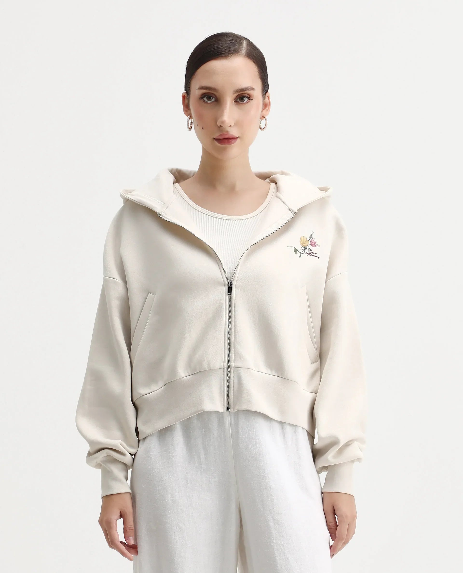 Rareism Women's Slio Light Beige Cotton Blend Hooded Oversize Fit Floral Print Sweatshirt
