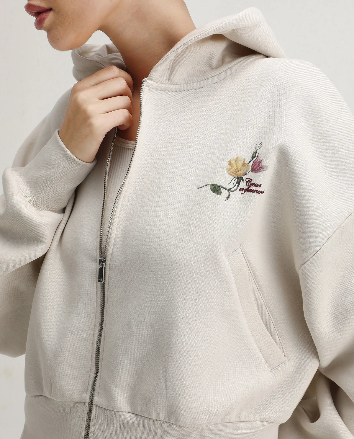 Rareism Women's Slio Light Beige Cotton Blend Hooded Oversize Fit Floral Print Sweatshirt