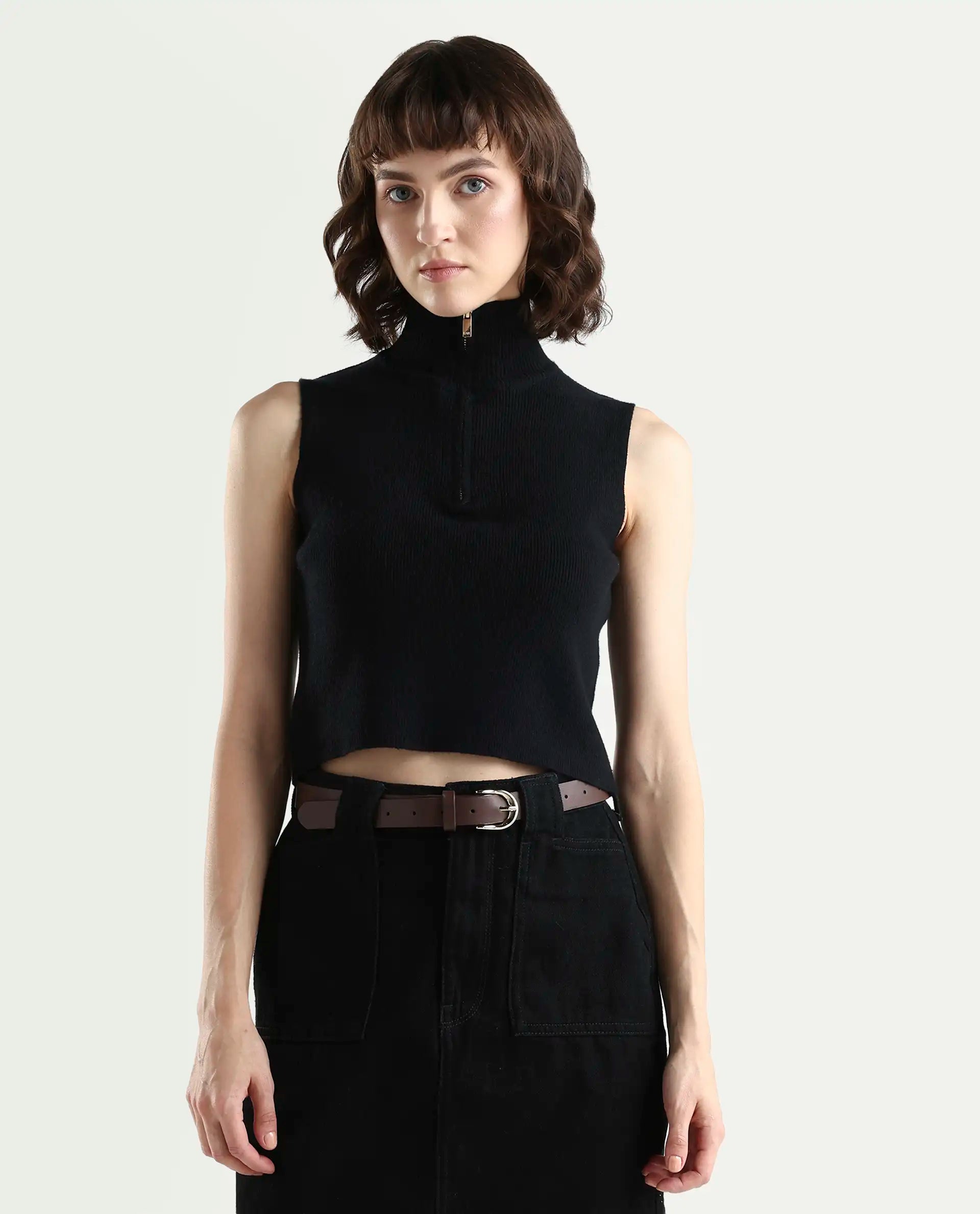 Rareism Women's Samo Black Viscose Blend Sleeveless High Neck Fitted Plain Top