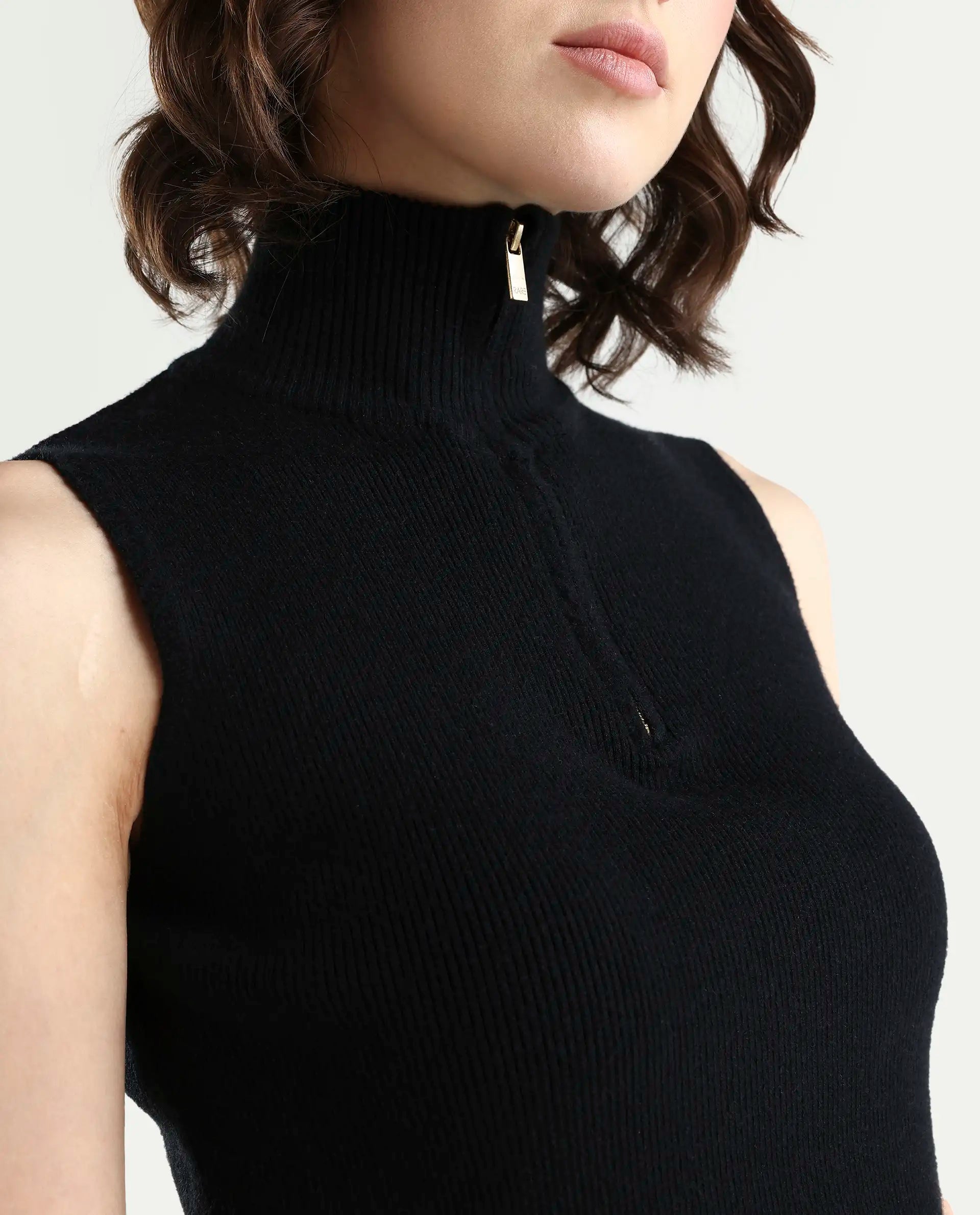 Rareism Women's Samo Black Viscose Blend Sleeveless High Neck Fitted Plain Top