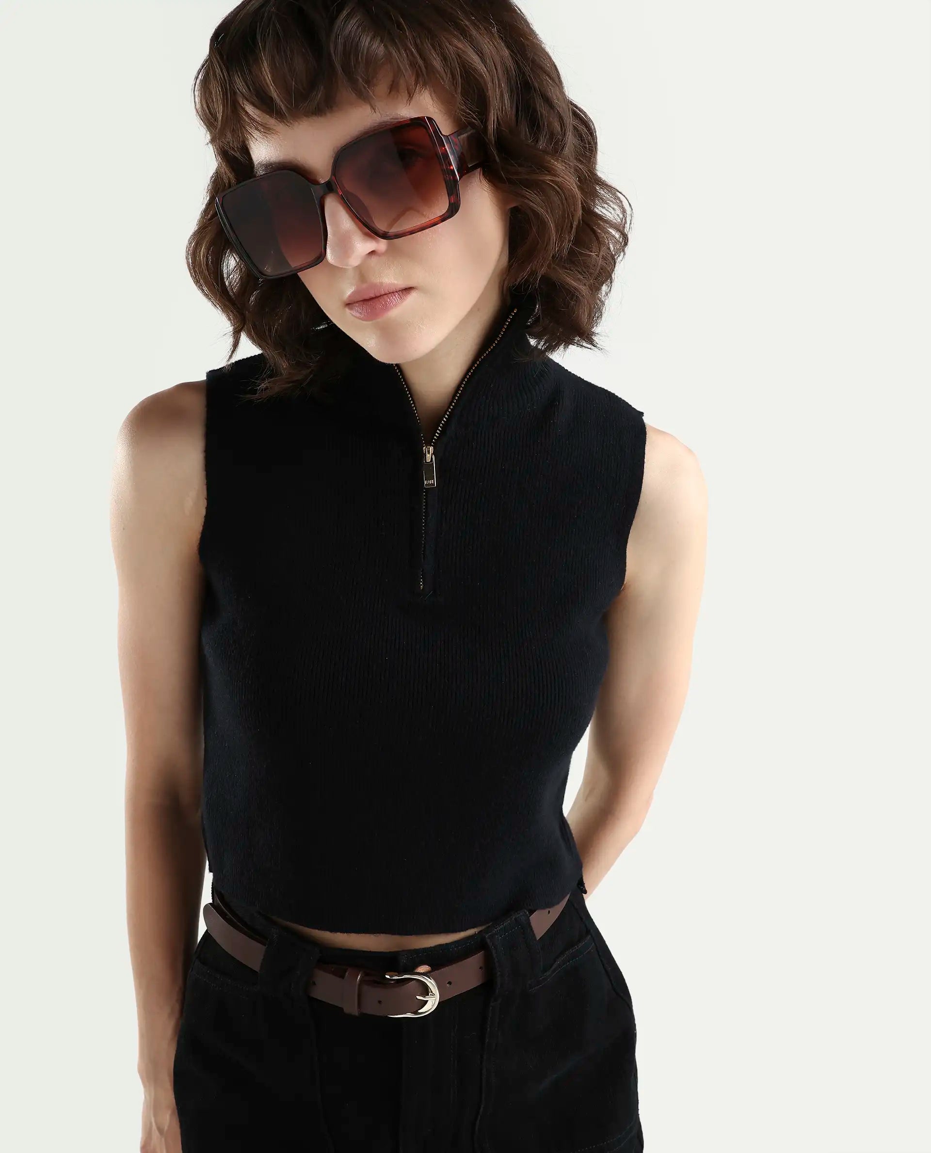 Rareism Women's Samo Black Viscose Blend Sleeveless High Neck Fitted Plain Top