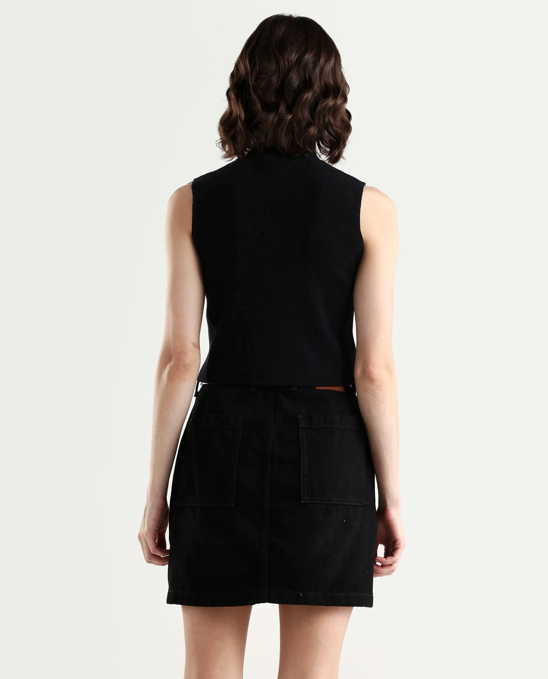 Rareism Women's Samo Black Viscose Blend Sleeveless High Neck Fitted Plain Top