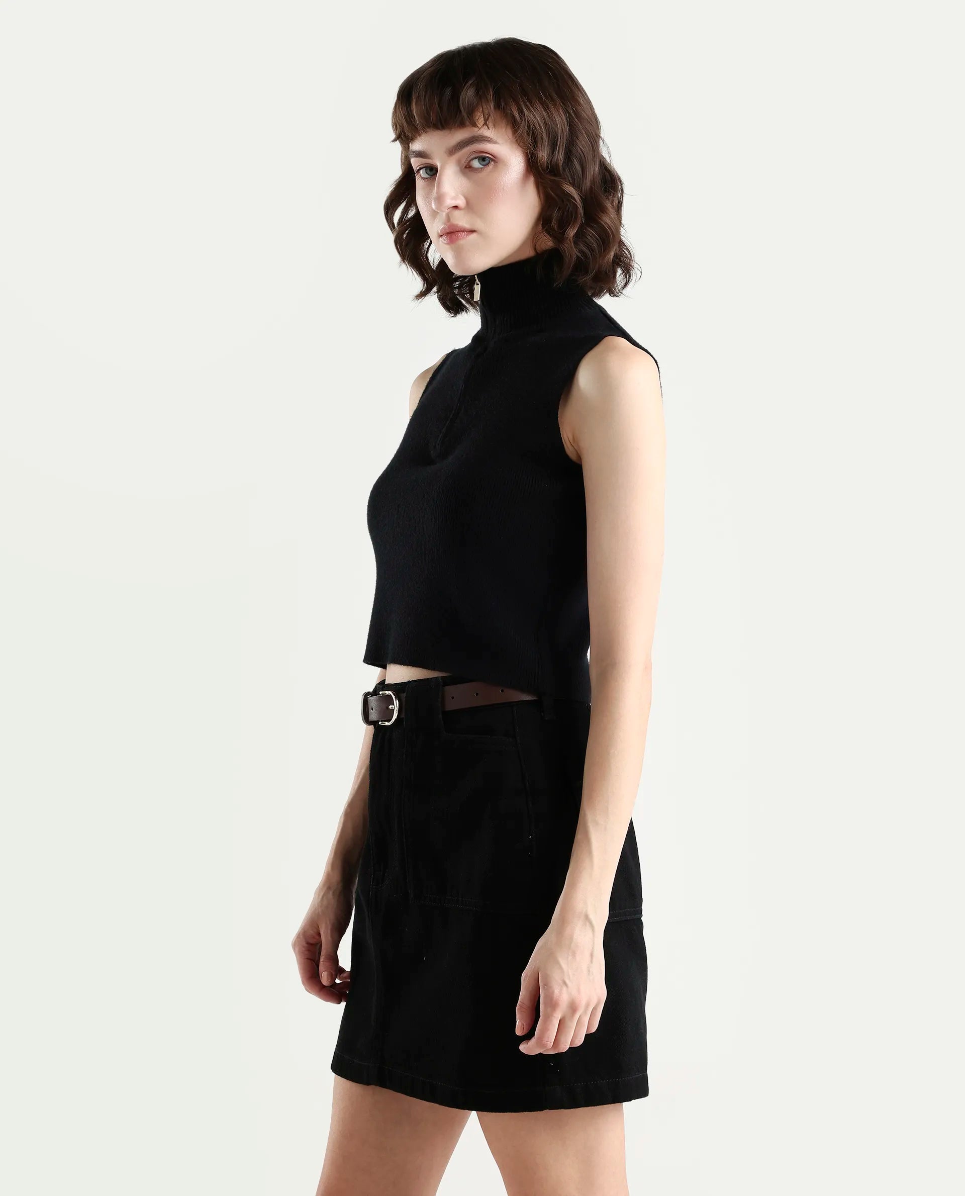 Rareism Women's Samo Black Viscose Blend Sleeveless High Neck Fitted Plain Top