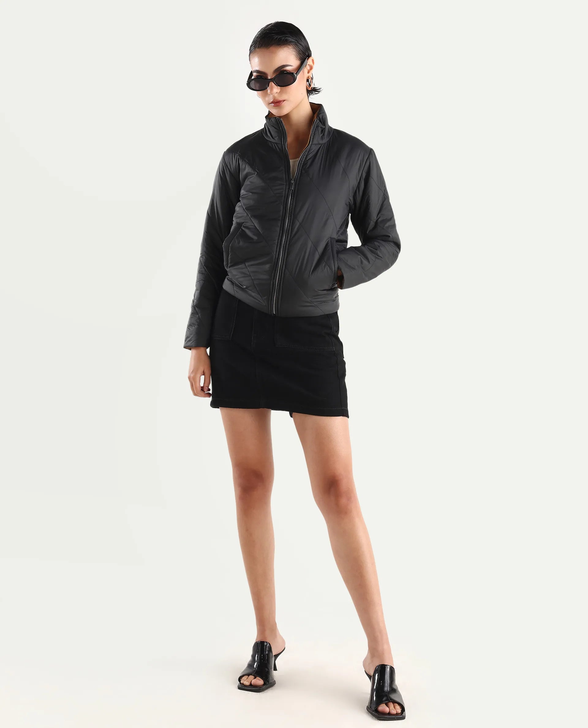 Rareism Women's Sapell Black Stand Collar Monogram Print Boxy Fit Jacket