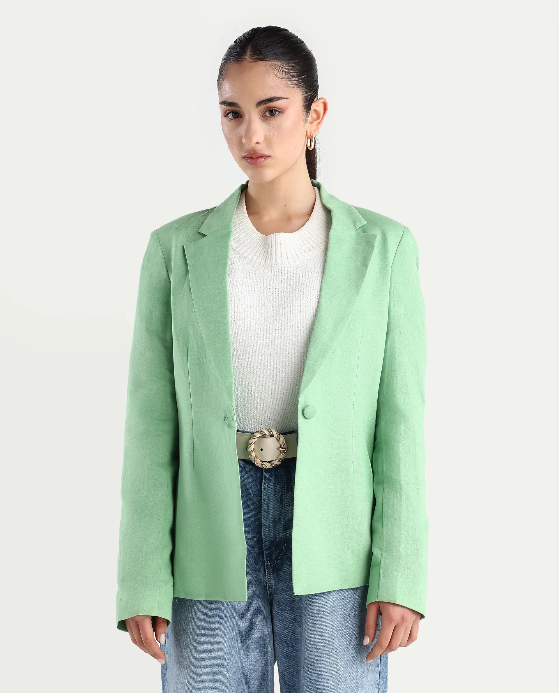 Rareism Women's Savriko Green Linen Lapel Neck Plain Regular Fit Blazer