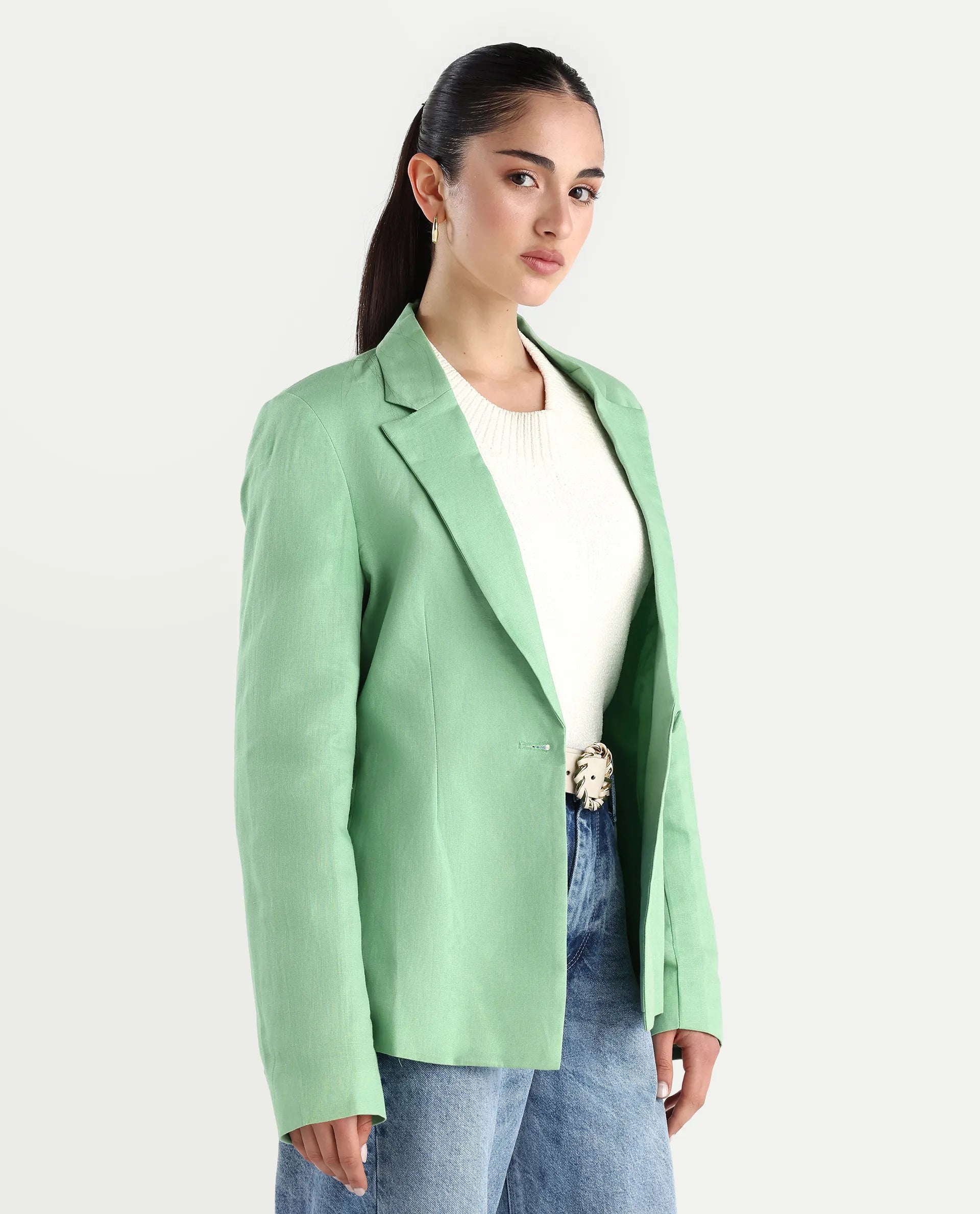 Rareism Women's Savriko Green Linen Lapel Neck Plain Regular Fit Blazer
