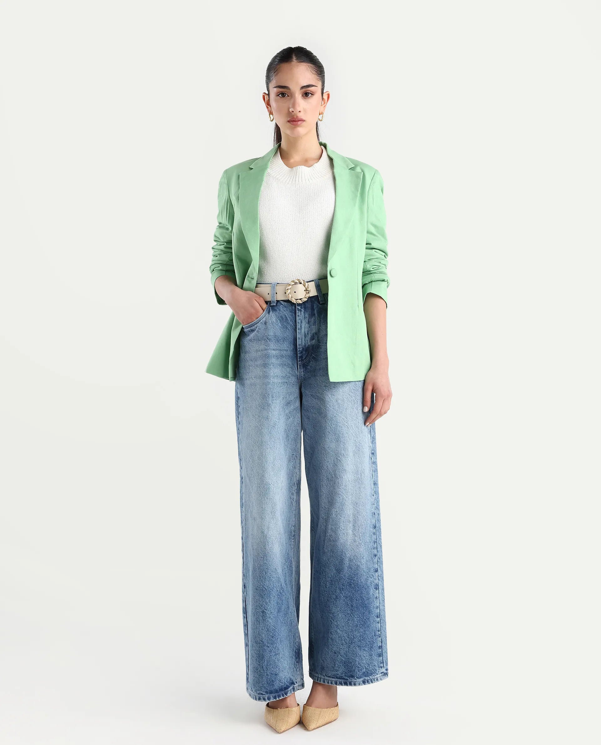 Rareism Women's Savriko Green Linen Lapel Neck Plain Regular Fit Blazer