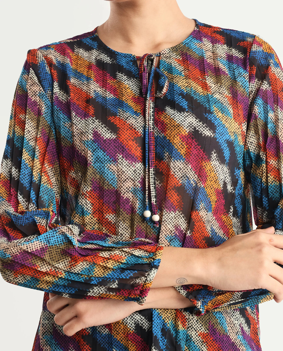 Rareism Women's Scooby Multi Polyester Tie-Up Neck Abstract Print Relaxed Fit Top