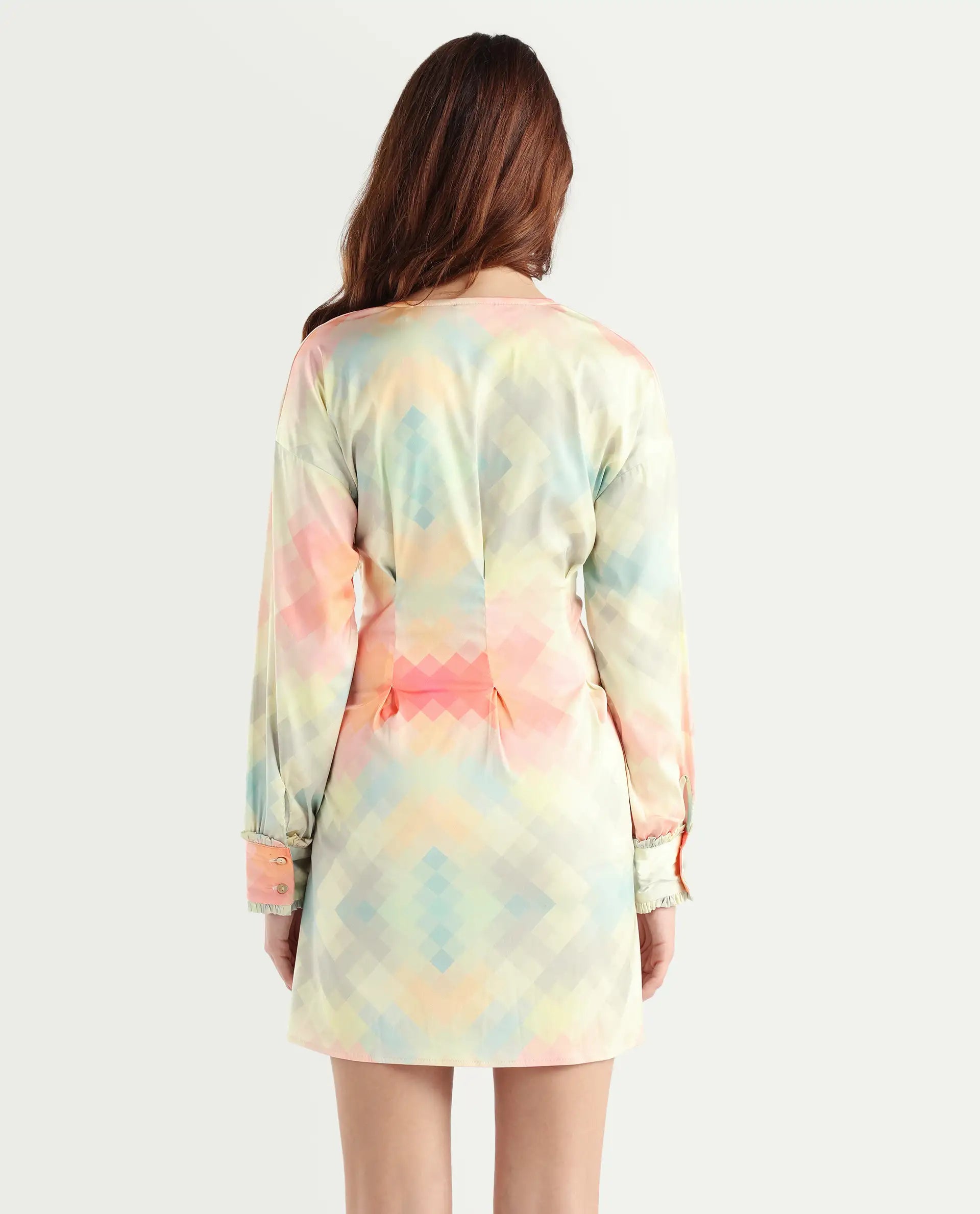 Rareism Women's Seattle Off White Modal Blend V-Neck Geometric Print Ruffled Sleeve Mini Regular Fit Dress