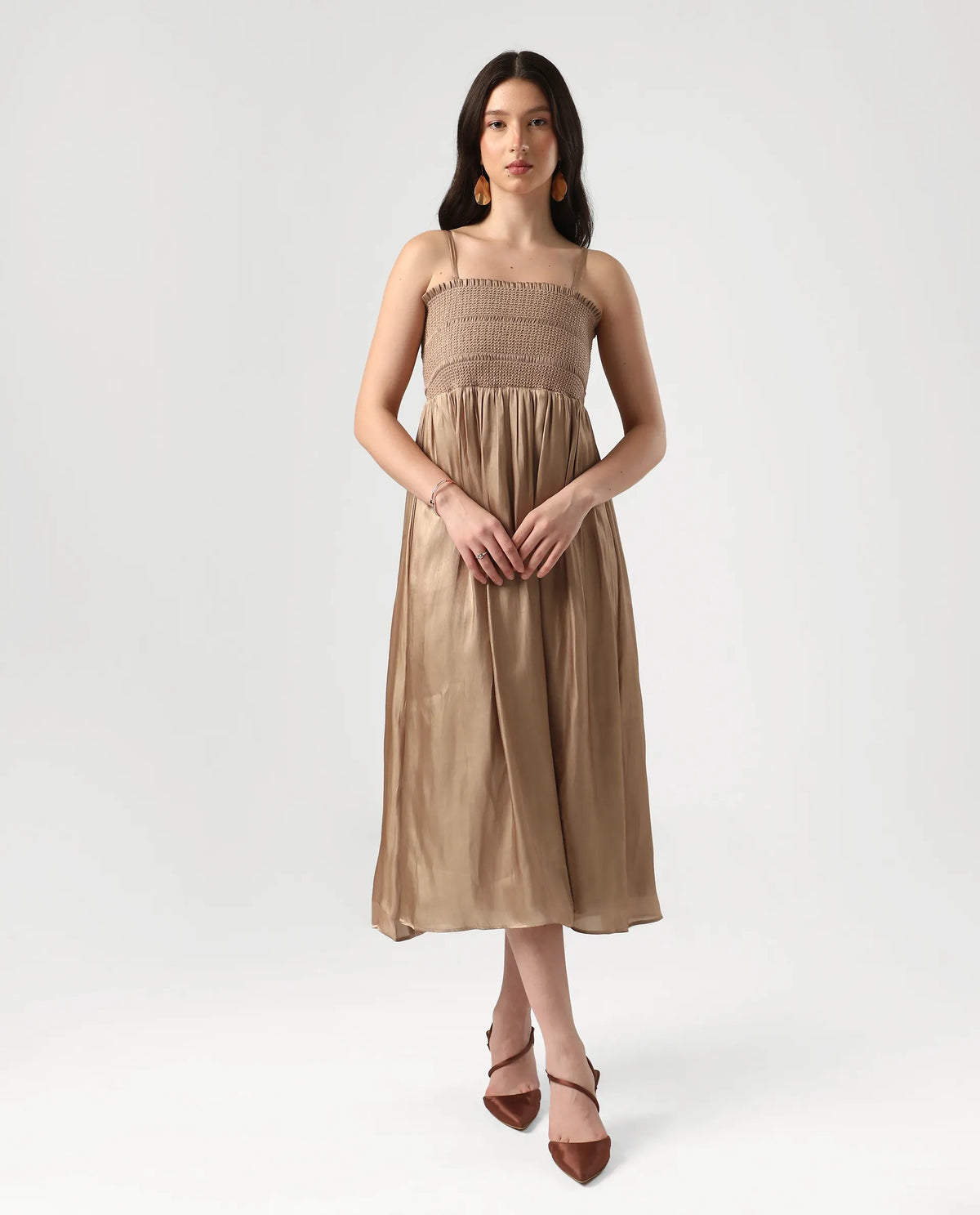 Rareism Women's Sem Gold Polyester Off Shoulder Plain Sleeveless Midi Fit And Flare Dress