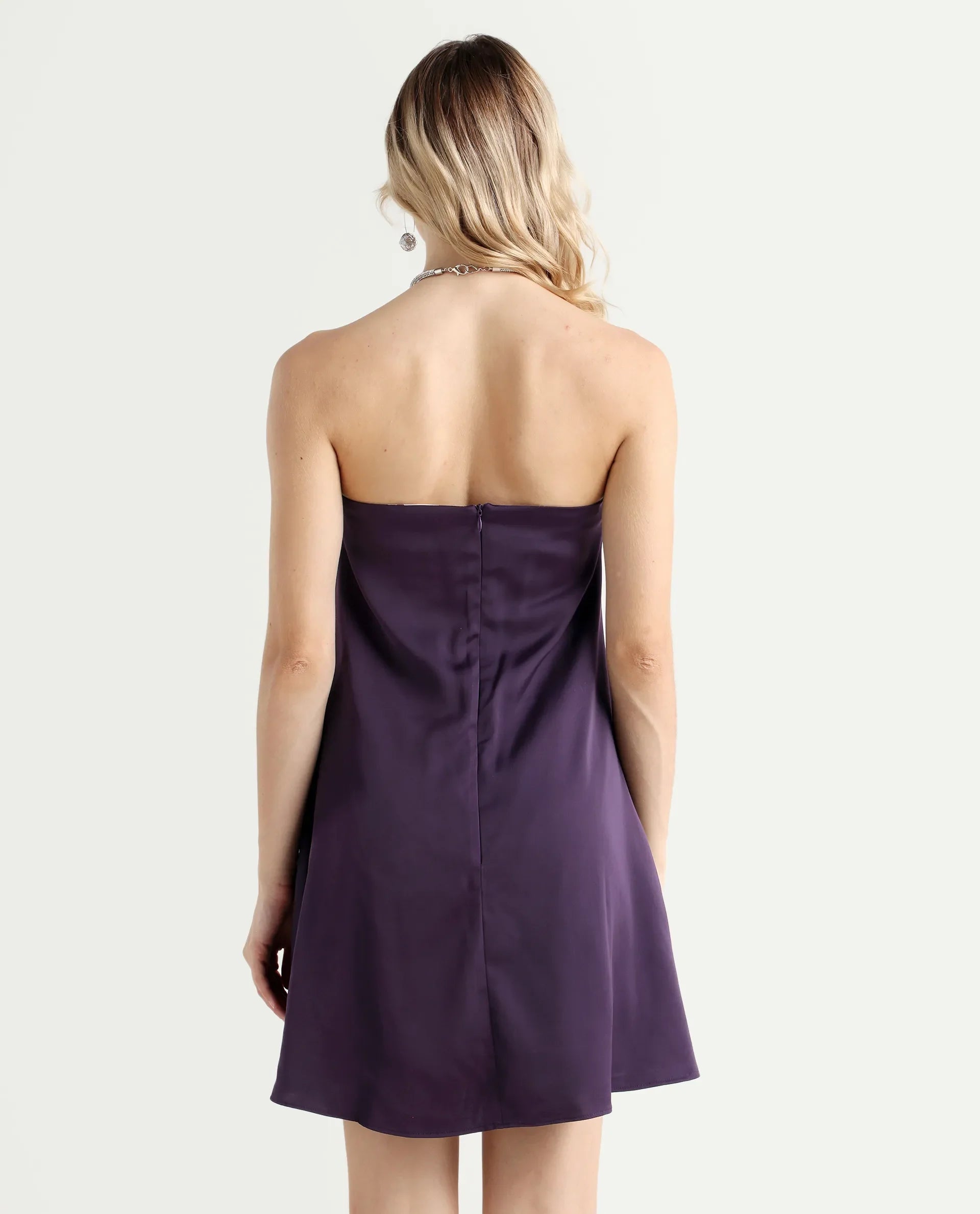 Rareism Women's Setar Purple Satin Halter Neck Plain Sleeveless Mini Flared Dress