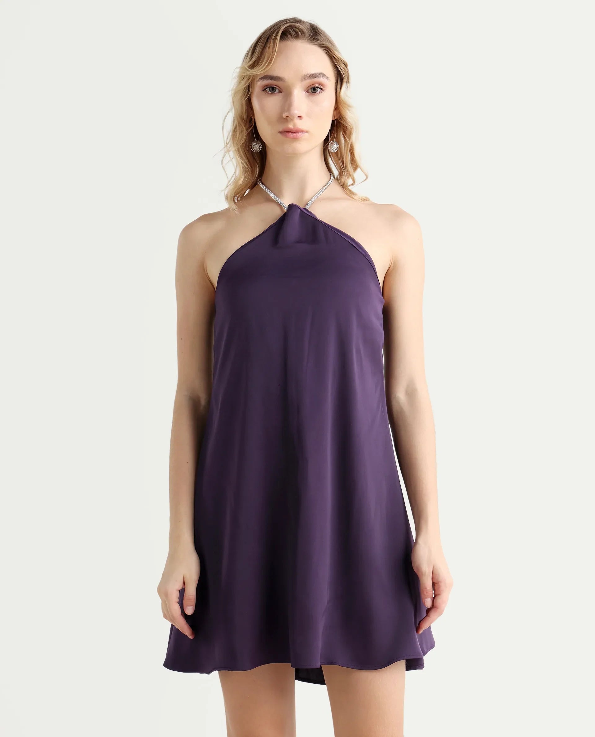 Rareism Women's Setar Purple Satin Halter Neck Plain Sleeveless Mini Flared Dress