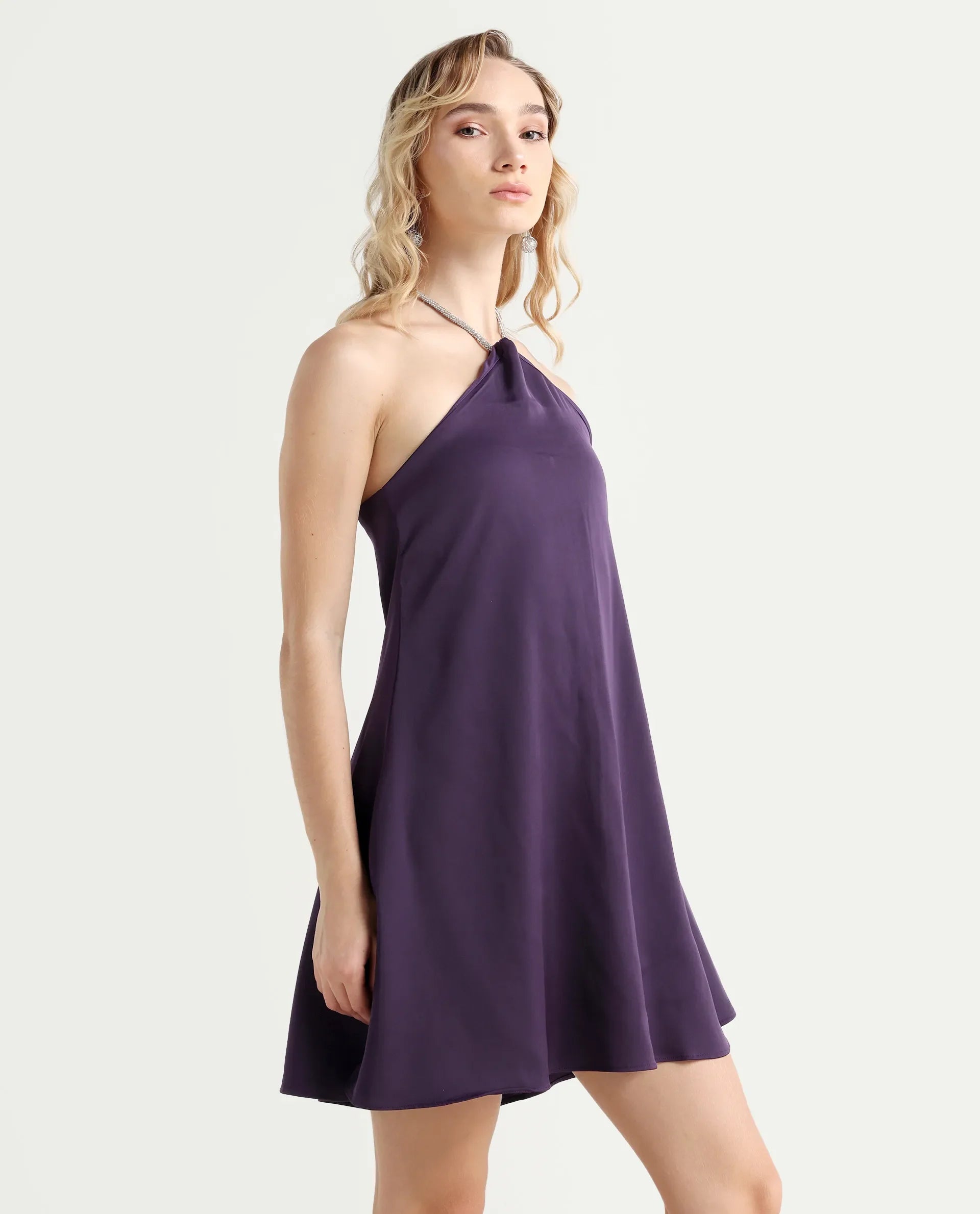 Rareism Women's Setar Purple Satin Halter Neck Plain Sleeveless Mini Flared Dress