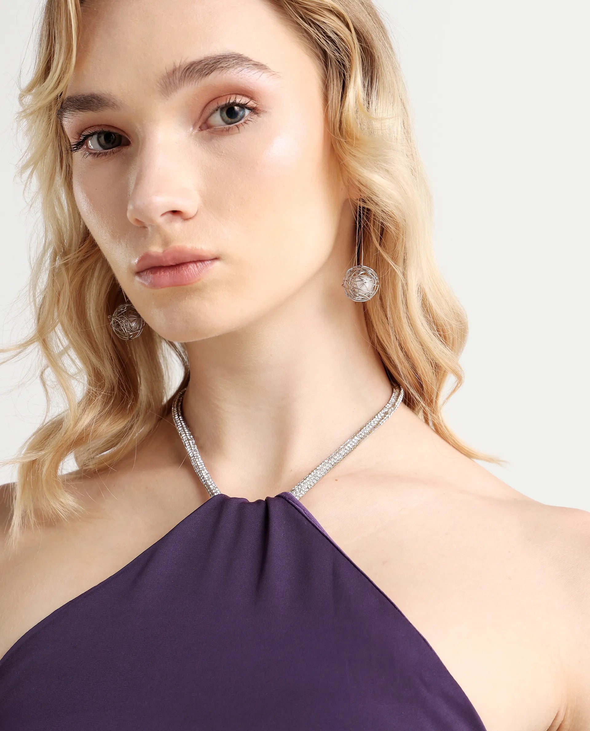 Rareism Women's Setar Purple Satin Halter Neck Plain Sleeveless Mini Flared Dress