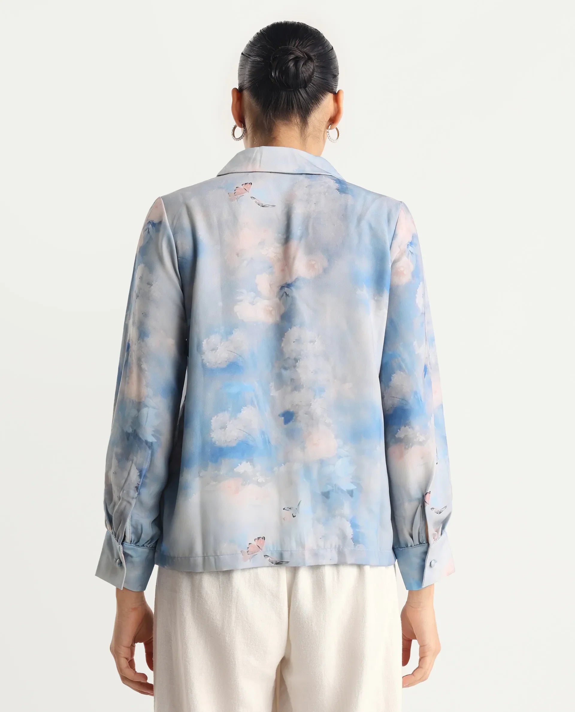 Rareism Women's Setecannet Blue Cotton Lapel Neck Floral Print Bishop Sleeve Regular Fit Top