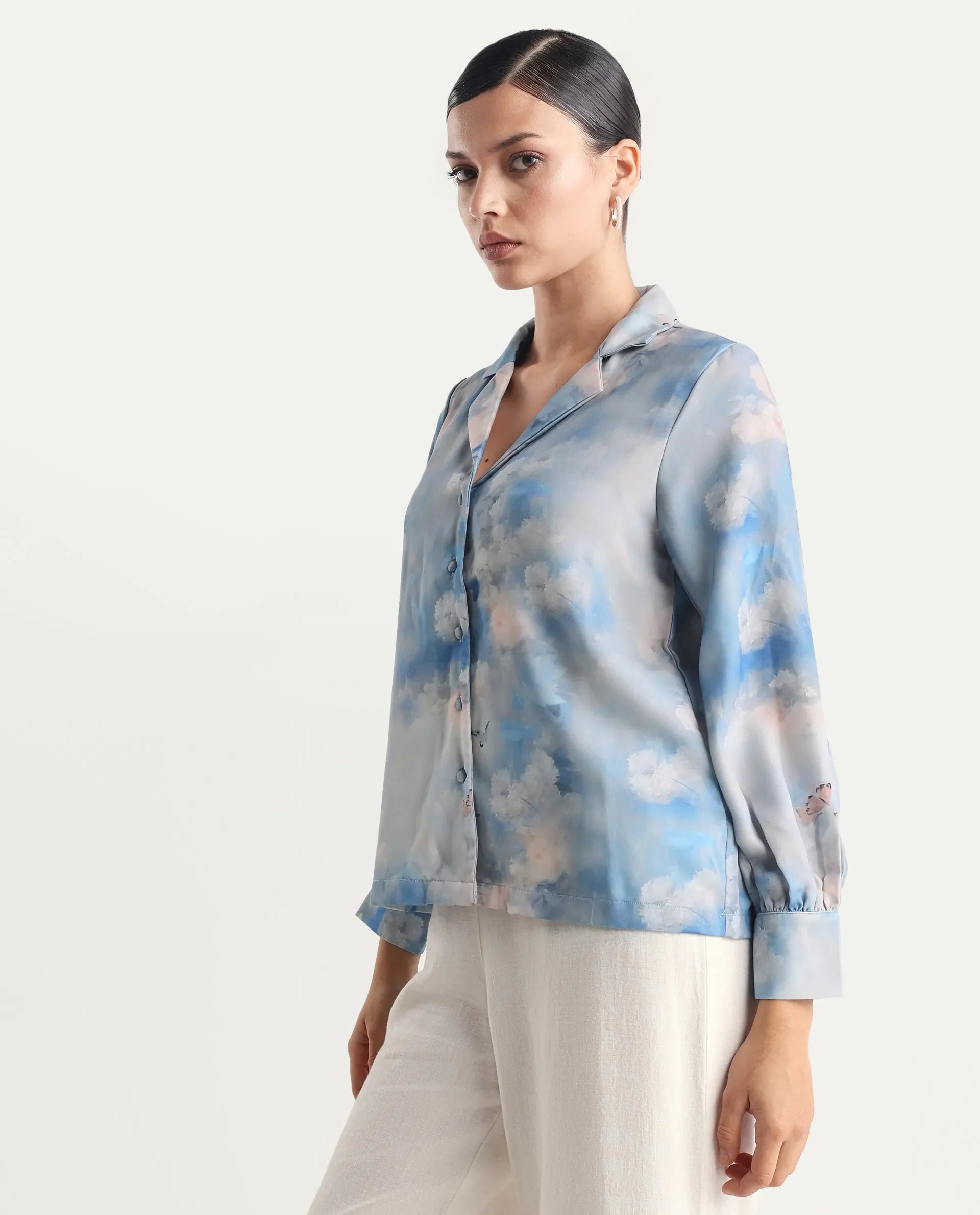 Rareism Women's Setecannet Blue Cotton Lapel Neck Floral Print Bishop Sleeve Regular Fit Top