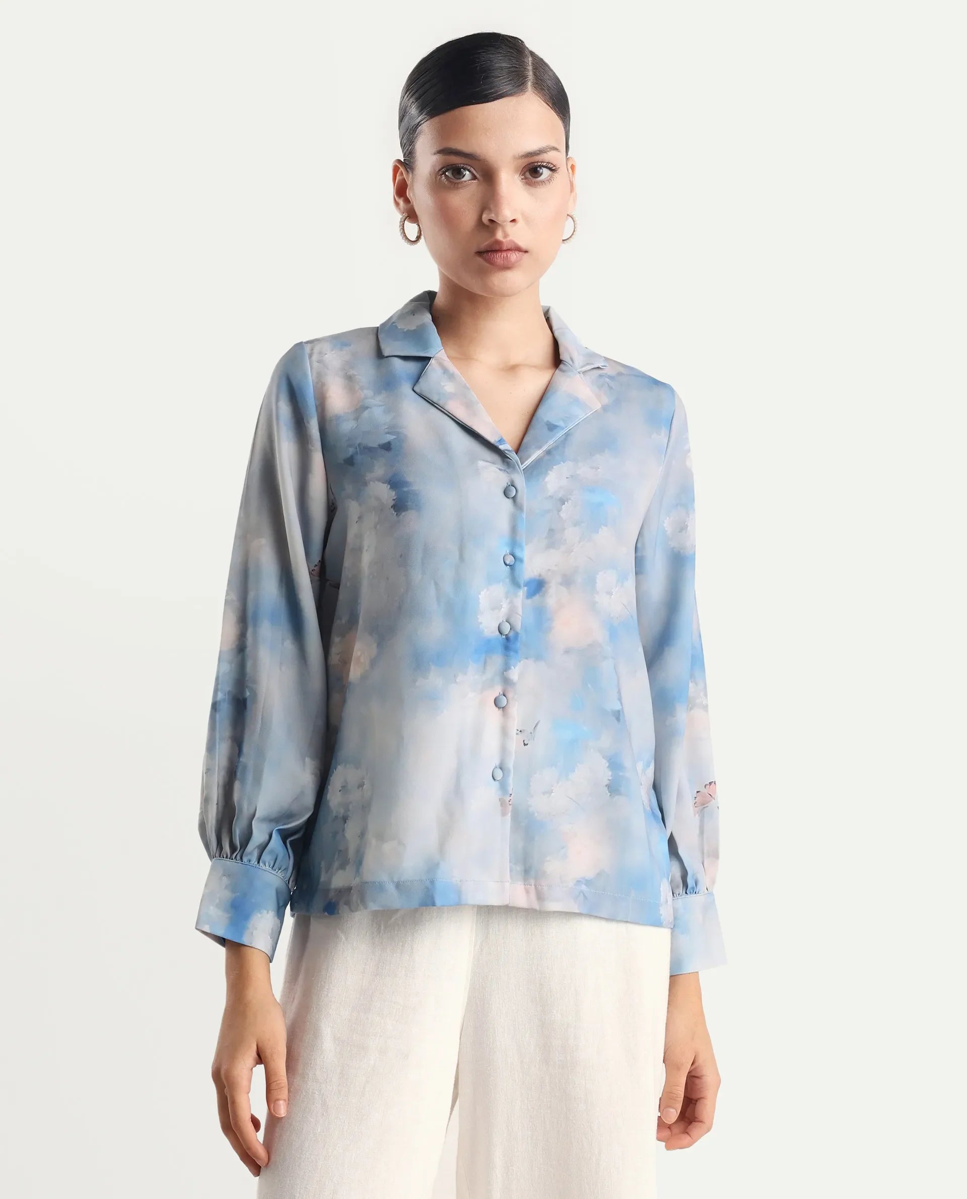 Rareism Women's Setecannet Blue Cotton Lapel Neck Floral Print Bishop Sleeve Regular Fit Top