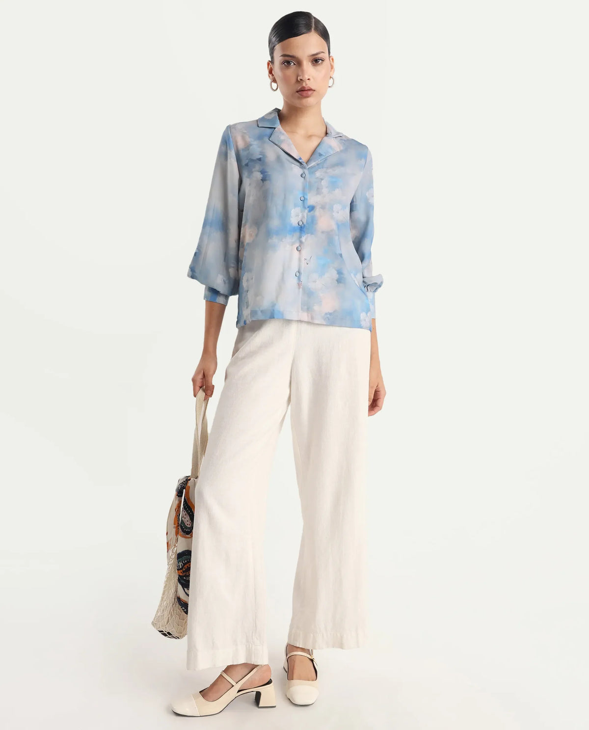 Rareism Women's Setecannet Blue Cotton Lapel Neck Floral Print Bishop Sleeve Regular Fit Top