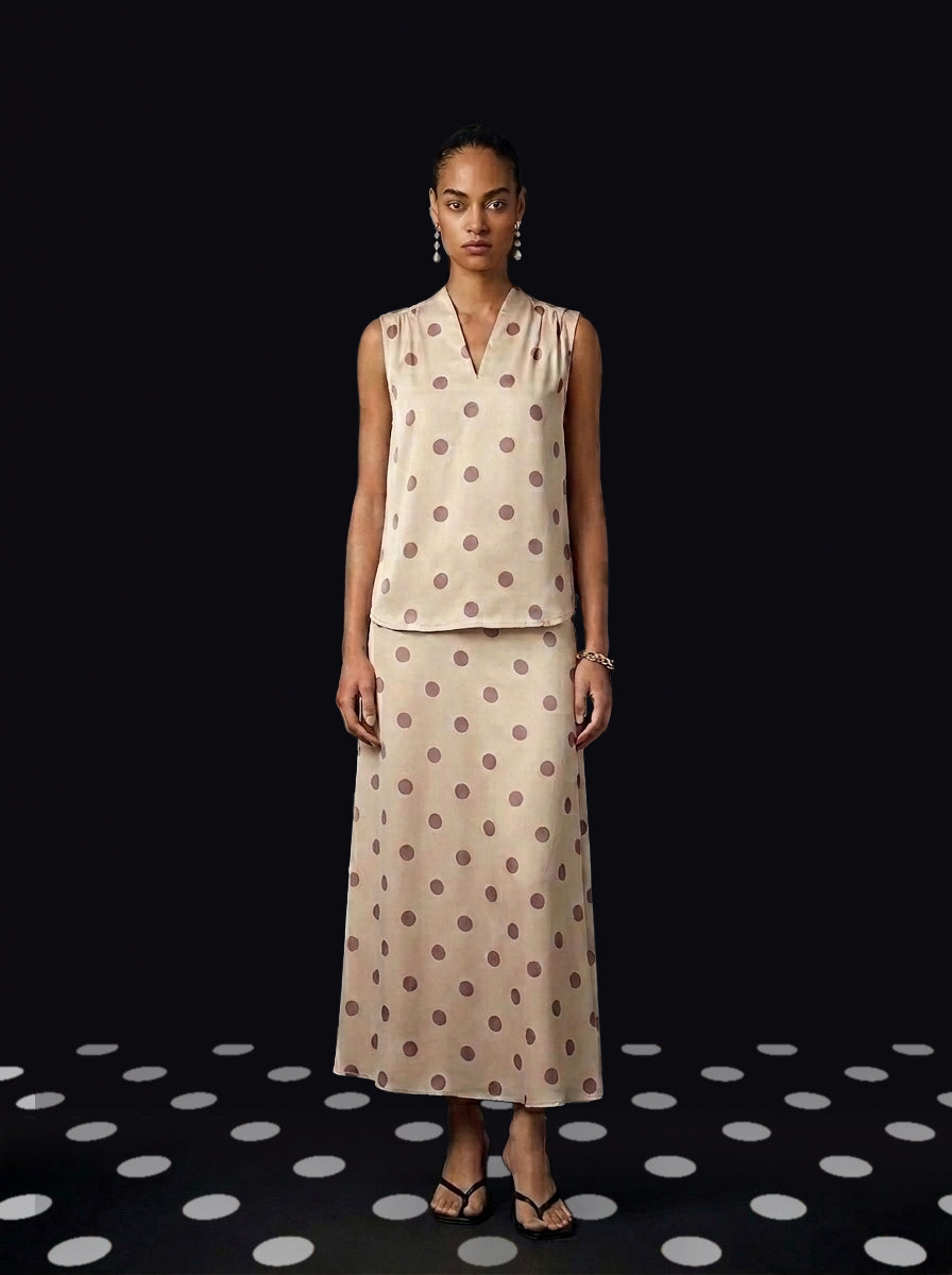 Rareism Women's Berdo-T Beige Polyester V-Neck Polka Print Sleeveless Regular Fit Top