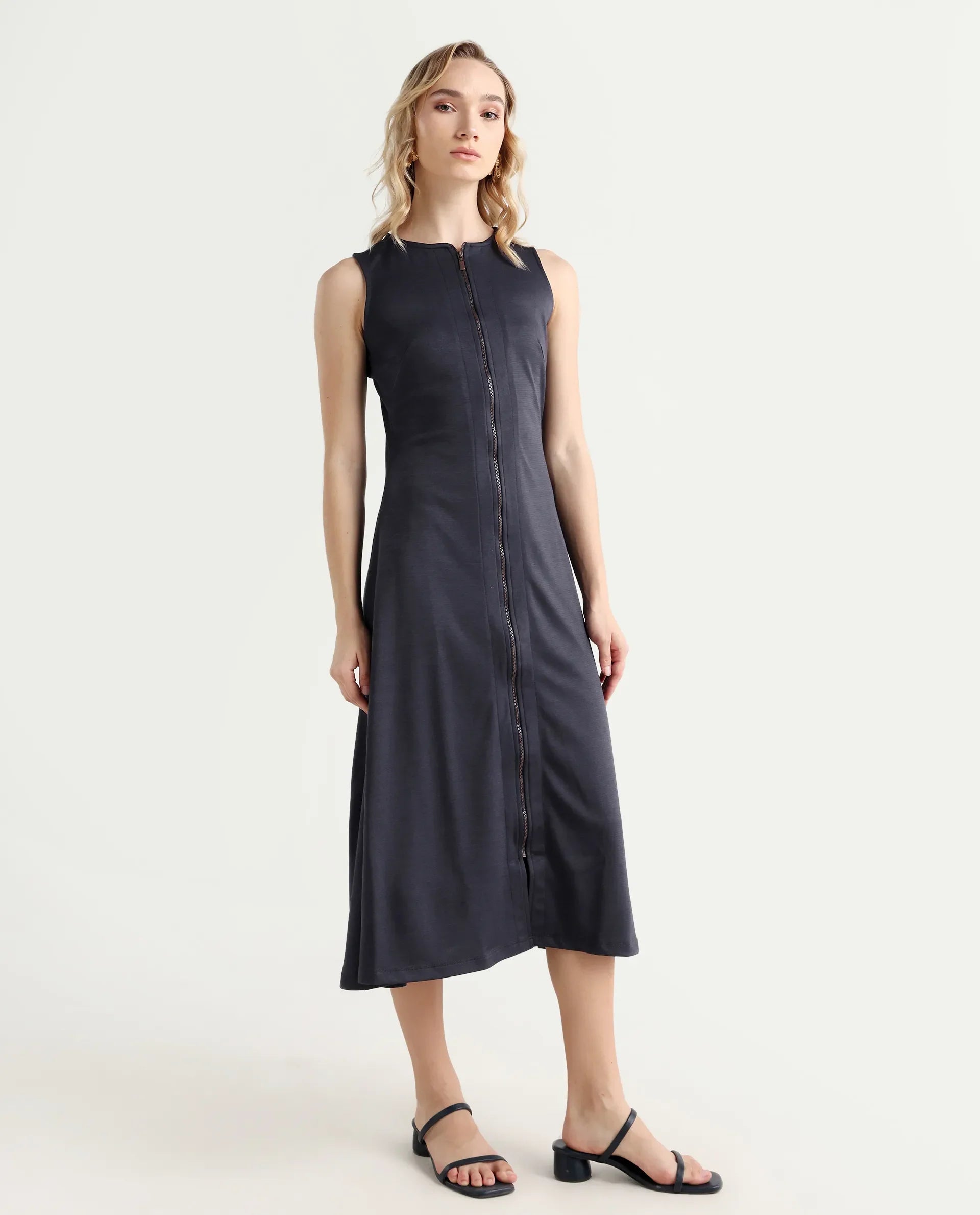 Rareism Women's Shoko Dark Blue Polyester Crew Neck Plain Sleeveless Midi A-Line Dress
