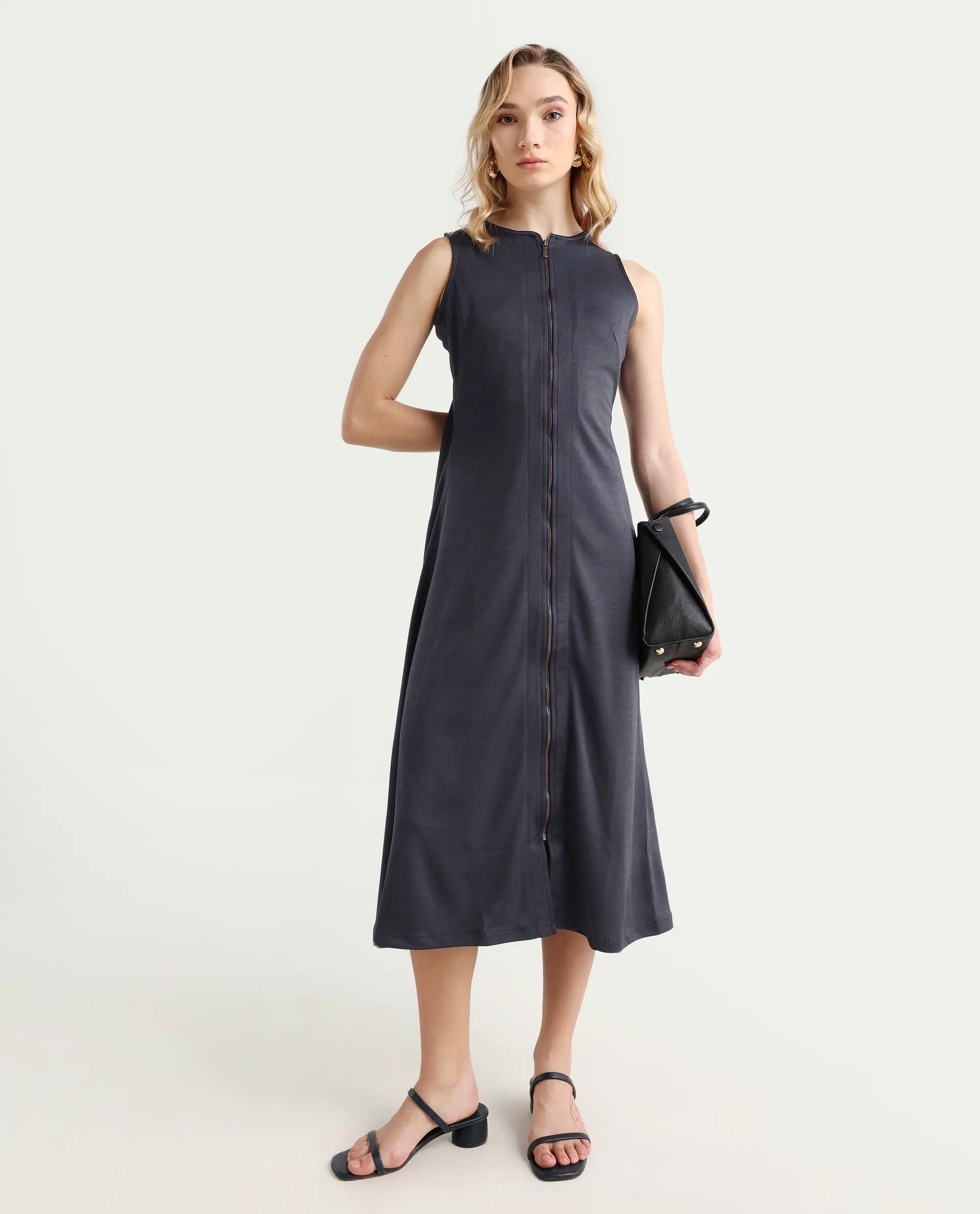 Rareism Women's Shoko Dark Blue Polyester Crew Neck Plain Sleeveless Midi A-Line Dress