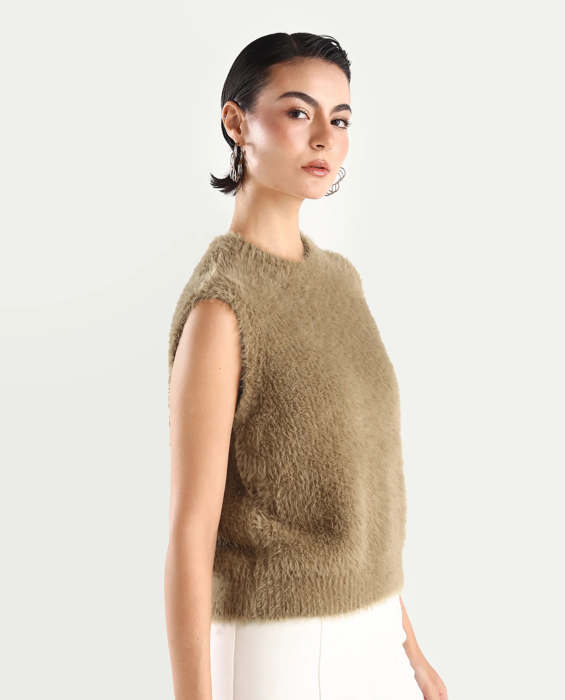 Rareism Women's Sielo Dark Beige Nylon Crew Neck Plain Sleeveless Relaxed Fit Sweater