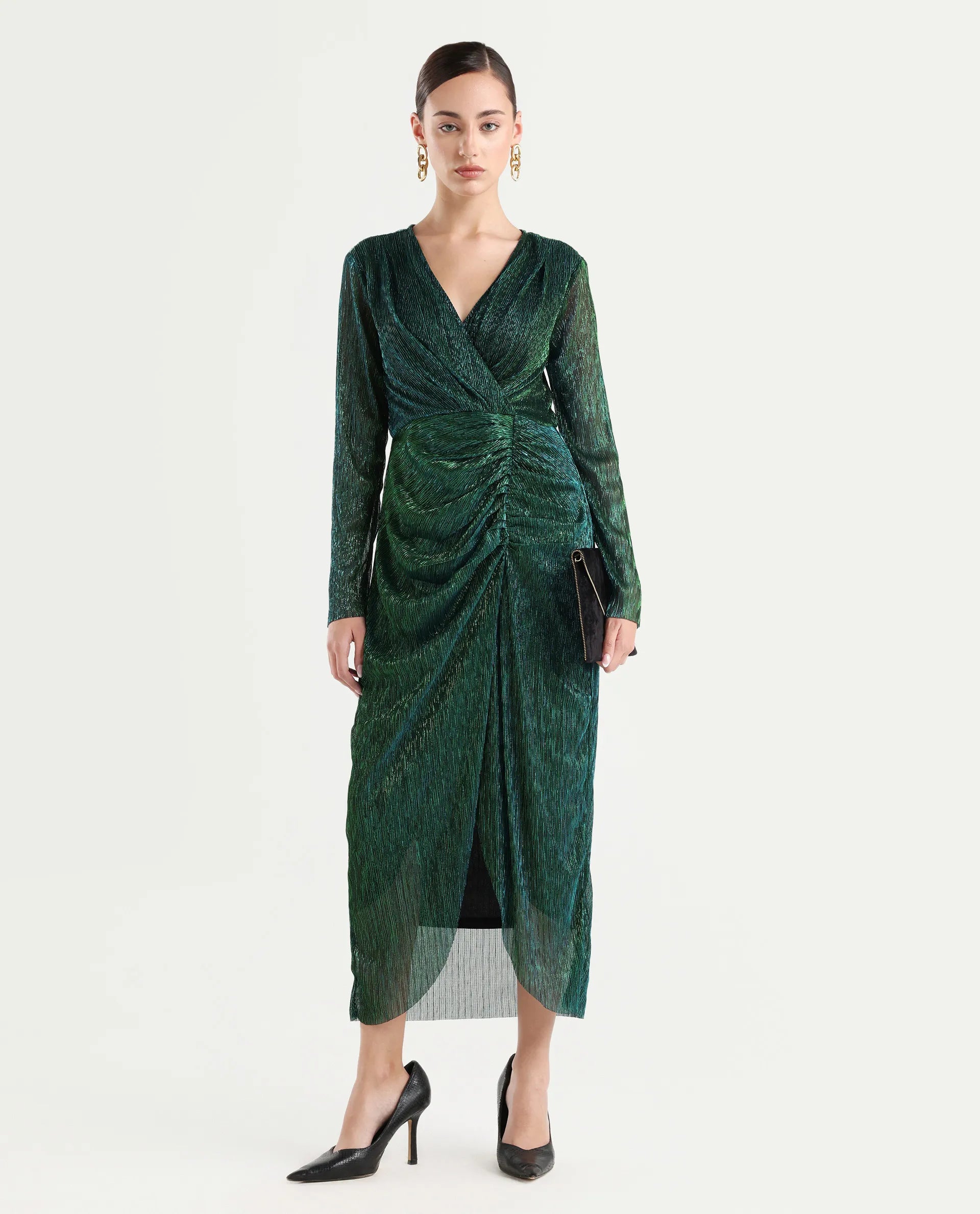 Rareism Women's Siga Metalic Green Polyester Blend V-Neck Shimmer Maxi Dress
