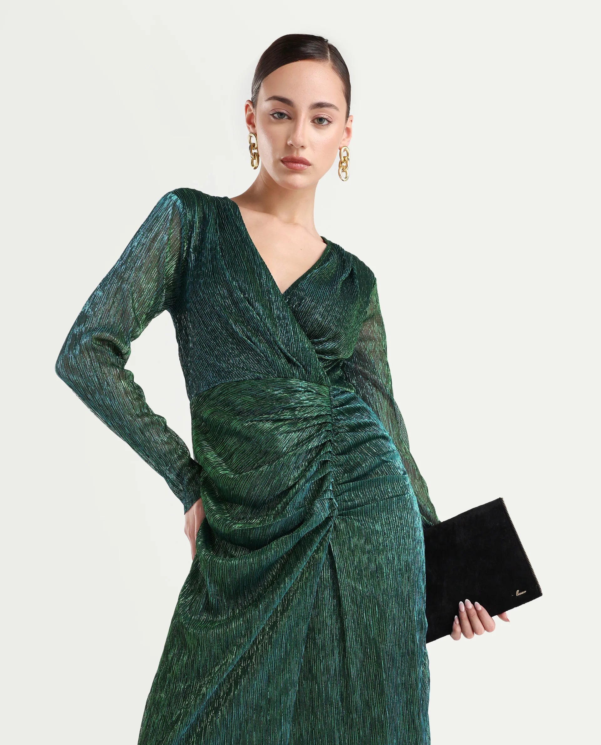 Rareism Women's Siga Metalic Green Polyester Blend V-Neck Shimmer Maxi Dress