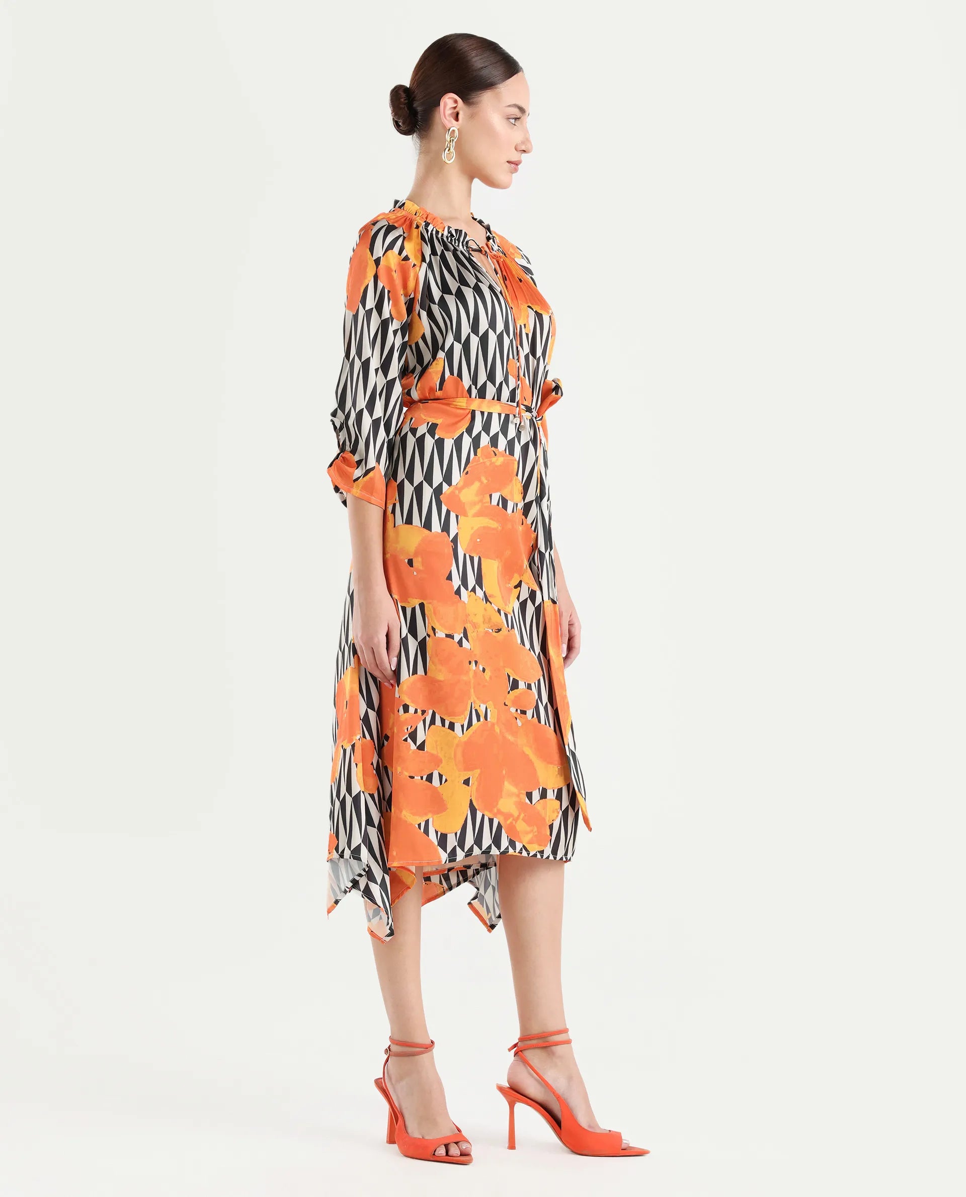 Rareism Women's Sings Black Polyester Tie-Up Neck Abstract Print Raglan Sleeve Knee Length Relaxed Fit Dress