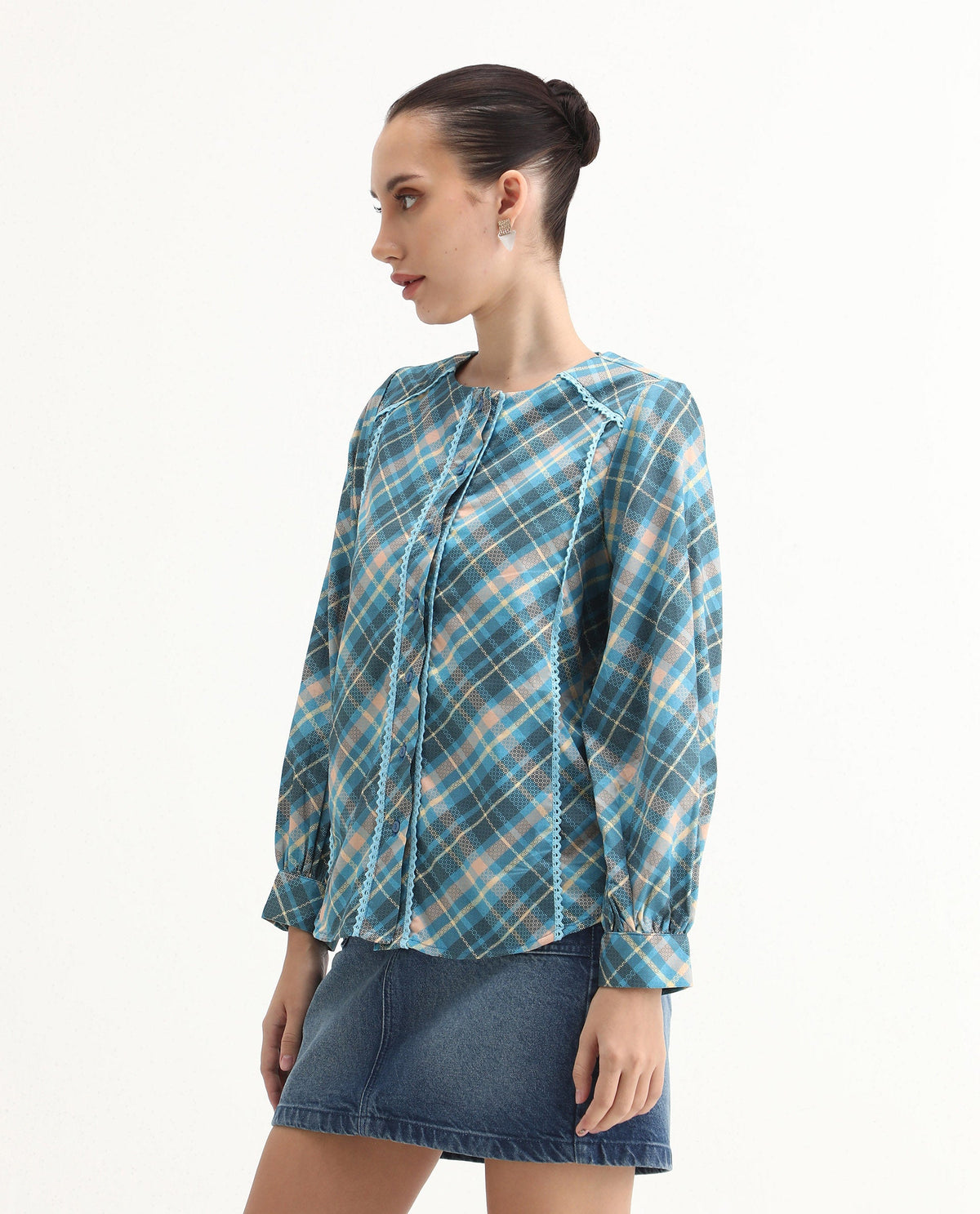 Rareism Women's Sirkolo Blue Cotton Blend Mandarin Collar Flannel Print Bishop Sleeve Regular Fit Shirt