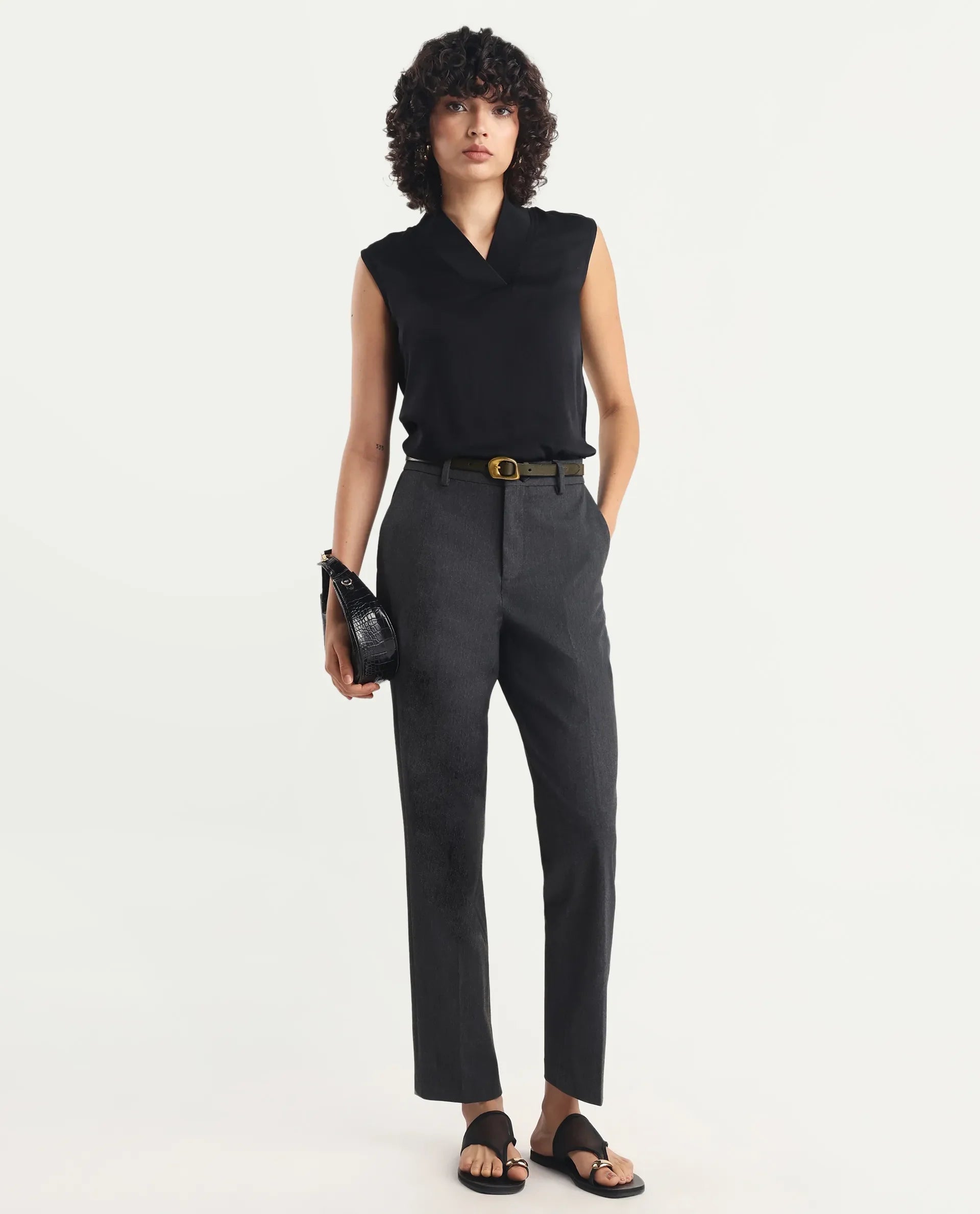 Rareism Women's Siyar Black Satin V-Neck Plain Sleeveless Regular Fit Top