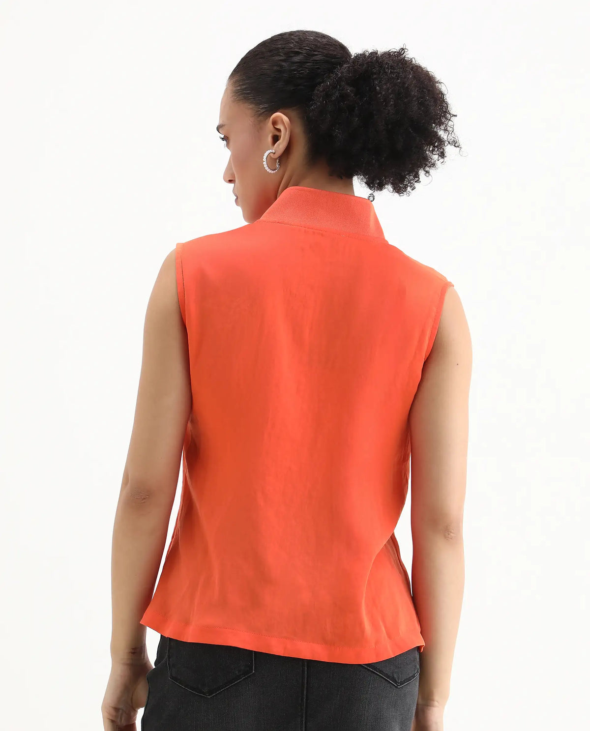 Rareism Women's Siyar Orange Satin V-Neck Plain Sleeveless Regular Fit Top
