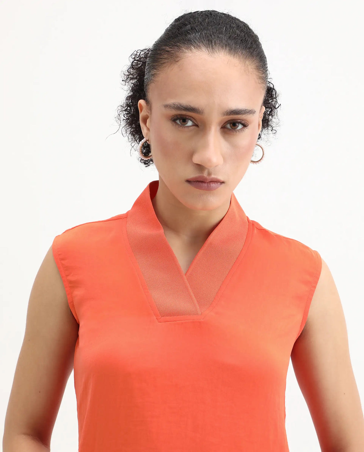 Rareism Women's Siyar Orange Satin V-Neck Plain Sleeveless Regular Fit Top
