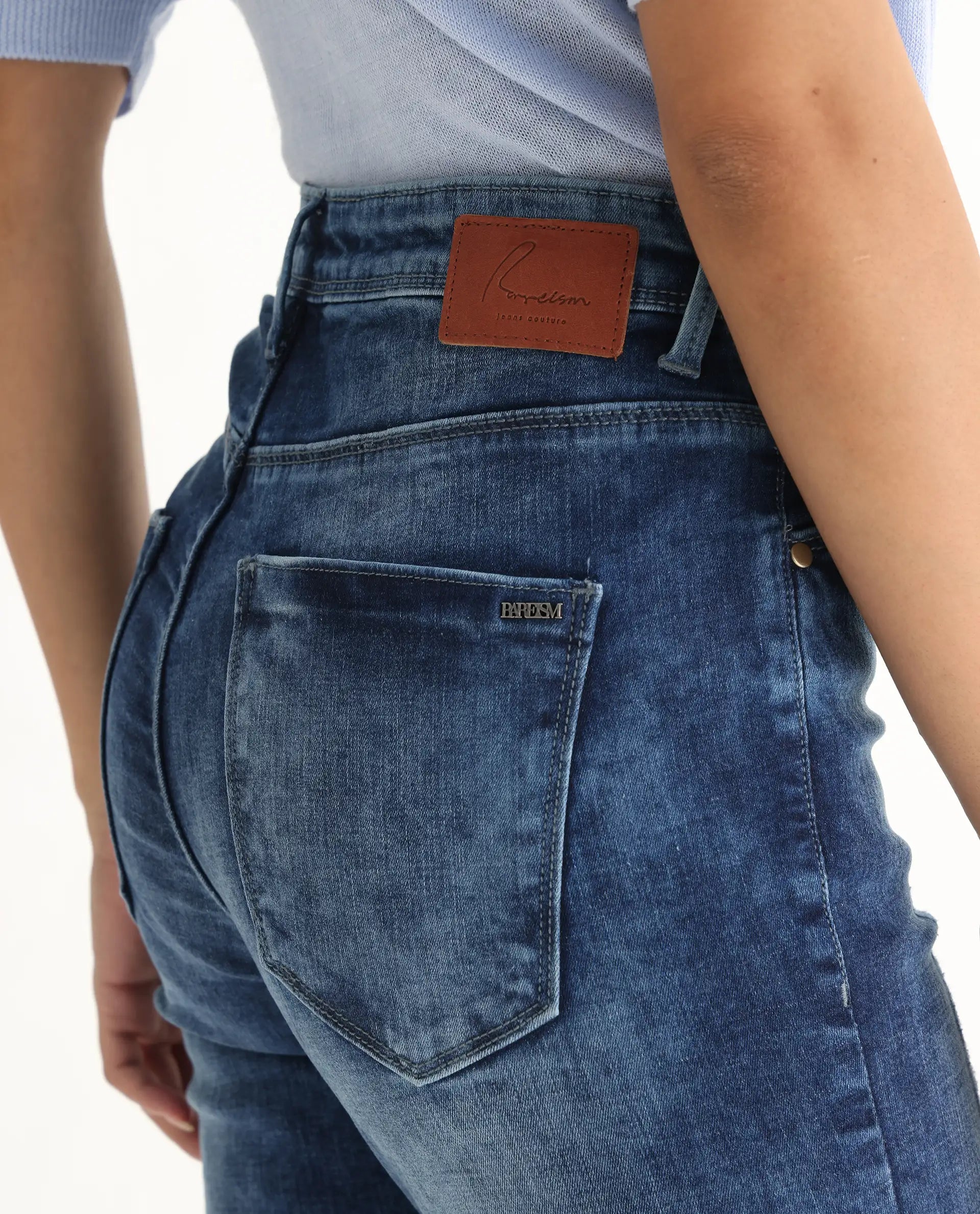 Rareism Women's Snowtail Blue Cotton Blend Plain Ankle Length Slim Fit Jeans