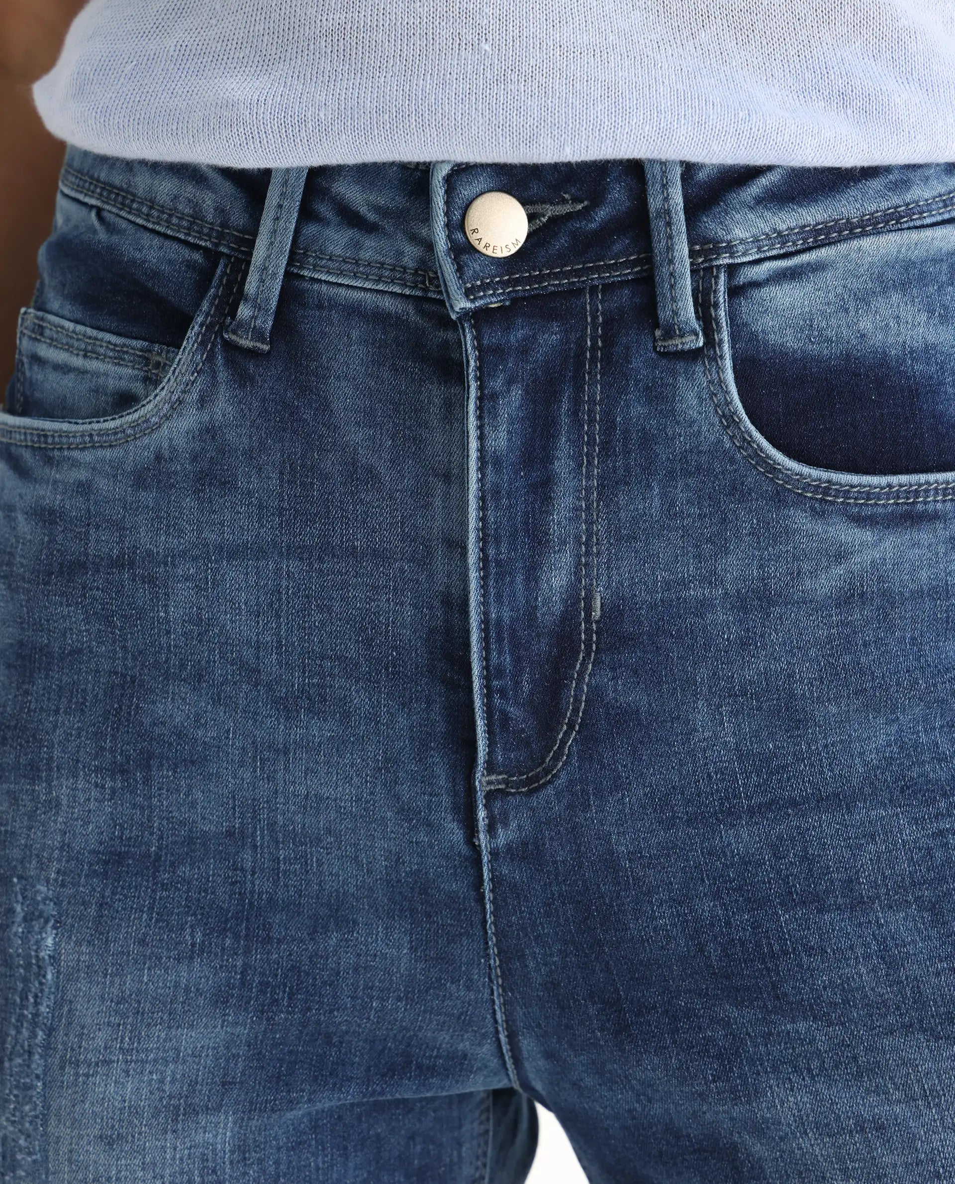 Rareism Women's Snowtail Blue Cotton Blend Plain Ankle Length Slim Fit Jeans