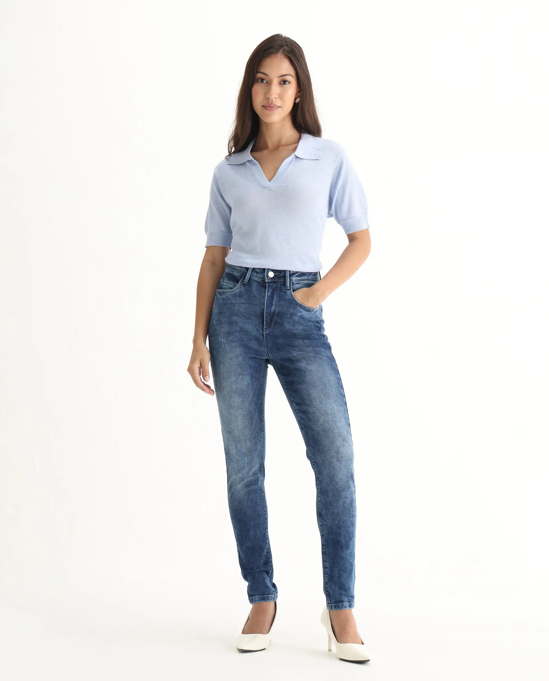 Rareism Women's Snowtail Blue Cotton Blend Plain Ankle Length Slim Fit Jeans