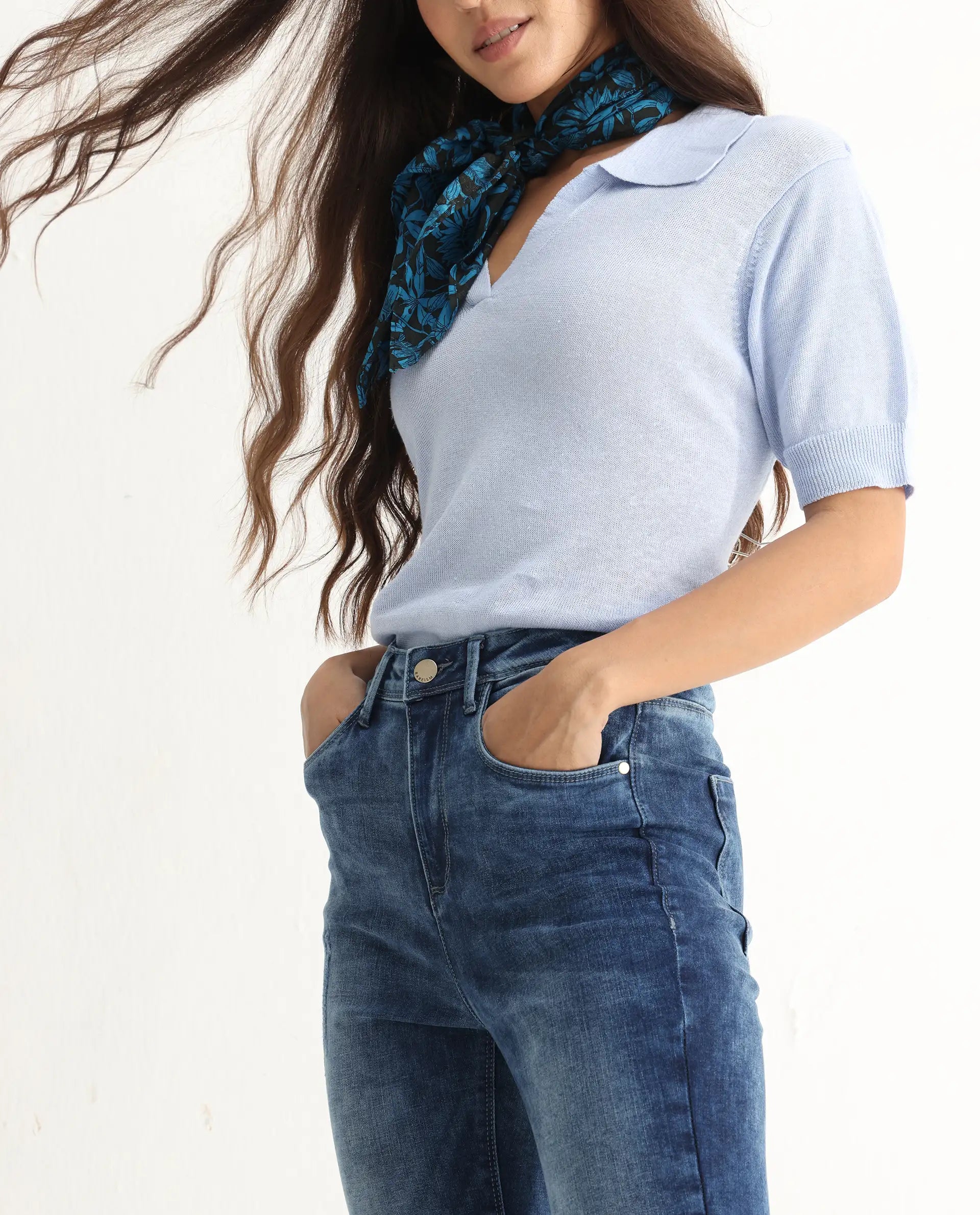 Rareism Women's Snowtail Blue Cotton Blend Plain Ankle Length Slim Fit Jeans