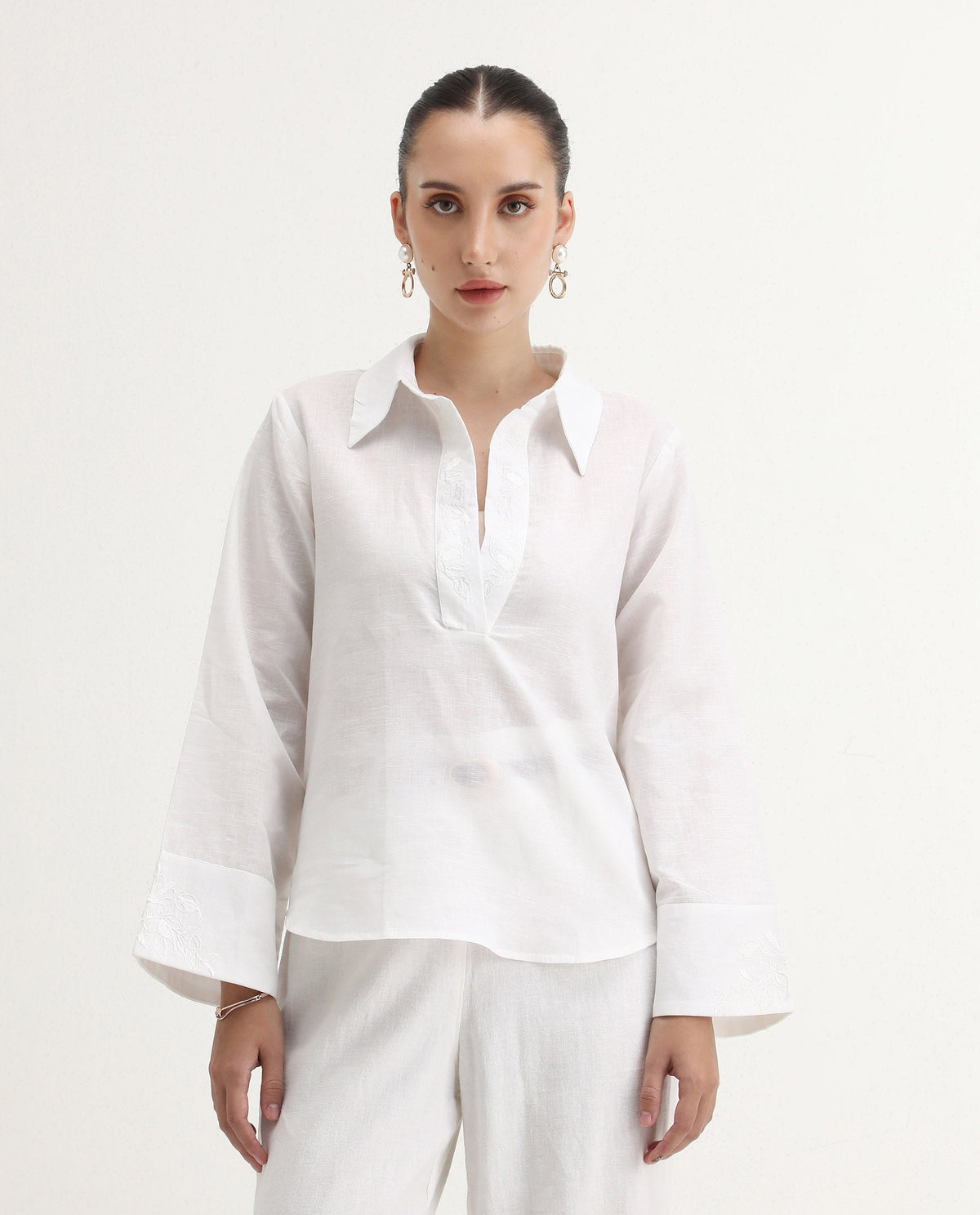 Rareism Women's Sofian White Linen Blend Spread Collar Plain Bell Sleeve Relaxed Fit Top