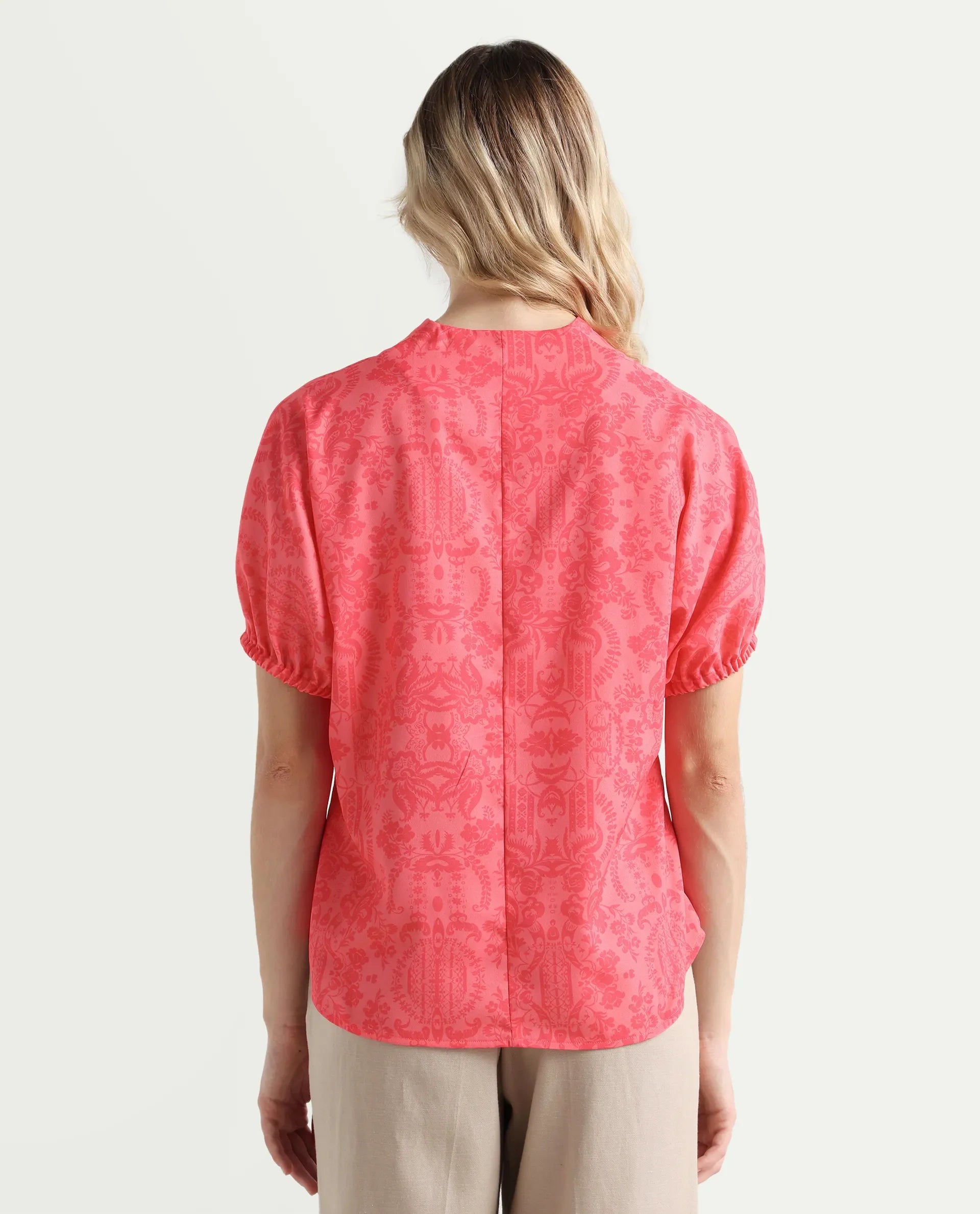Rareism Women's Somquil Pink Polyester V-Neck Abstract Print Puff Sleeves Regular Fit Top