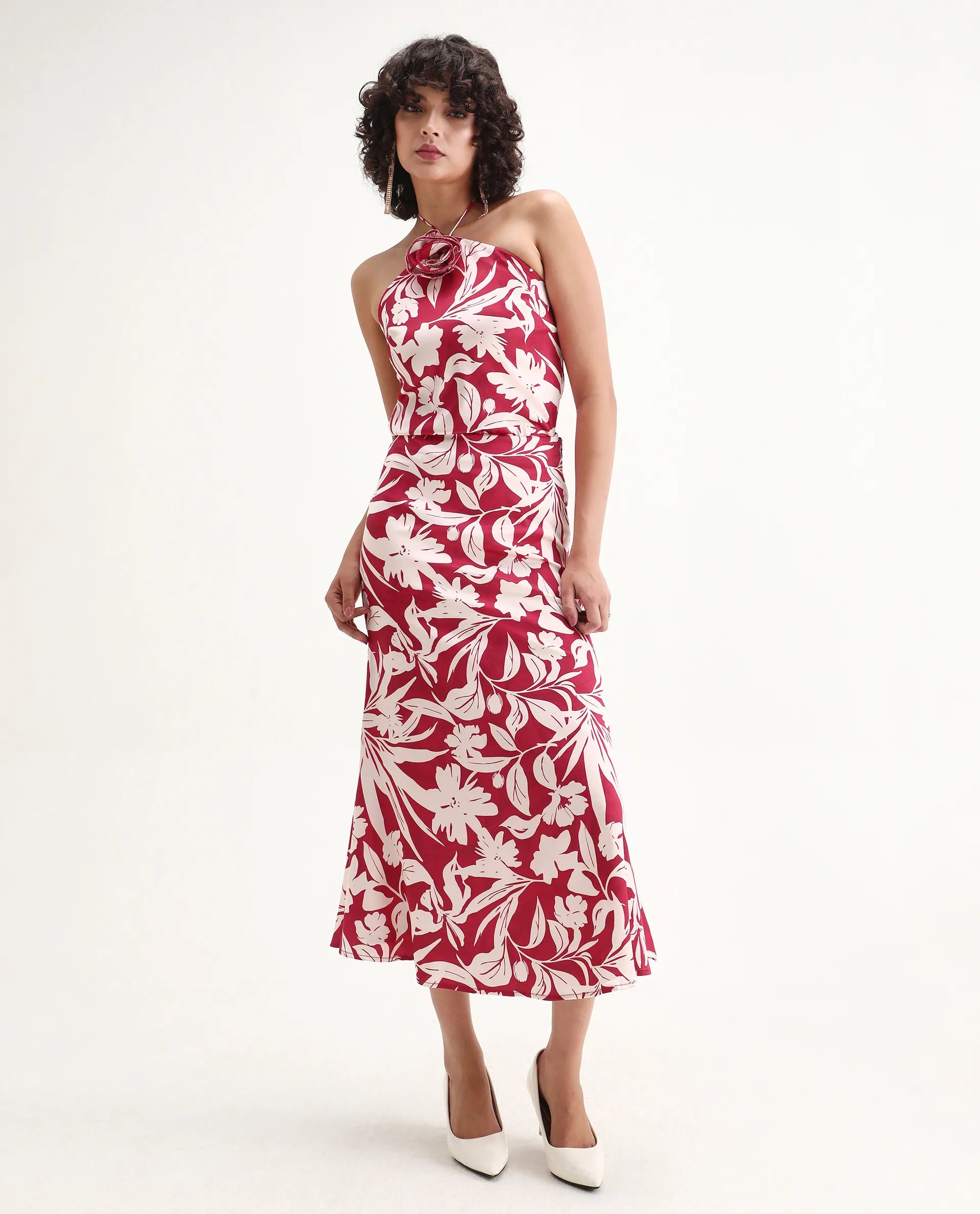 Rareism Women's Somtar B Pink Polyester Floral Print Midi Straight Fit Skirt