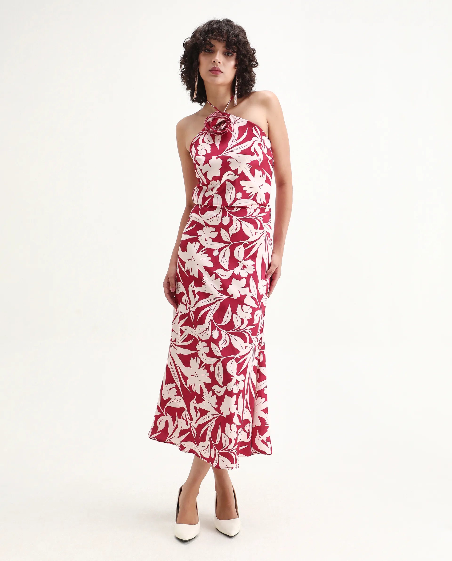 Rareism Women's Somtar B Pink Polyester Floral Print Midi Straight Fit Skirt