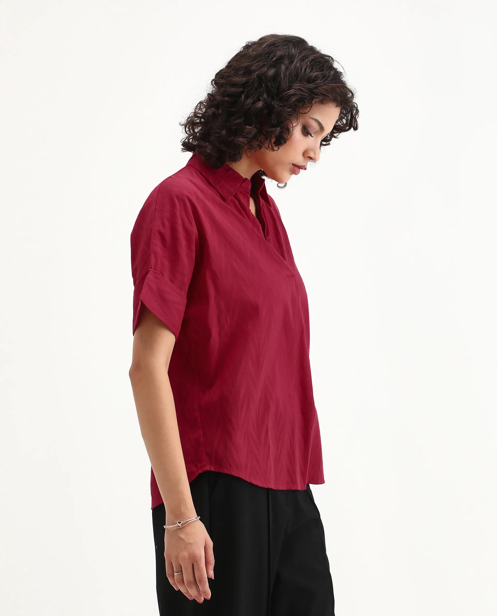 Rareism Women's Somyas Red Cotton Johnny Collar Plain Extended Sleeves Relaxed Fit Top