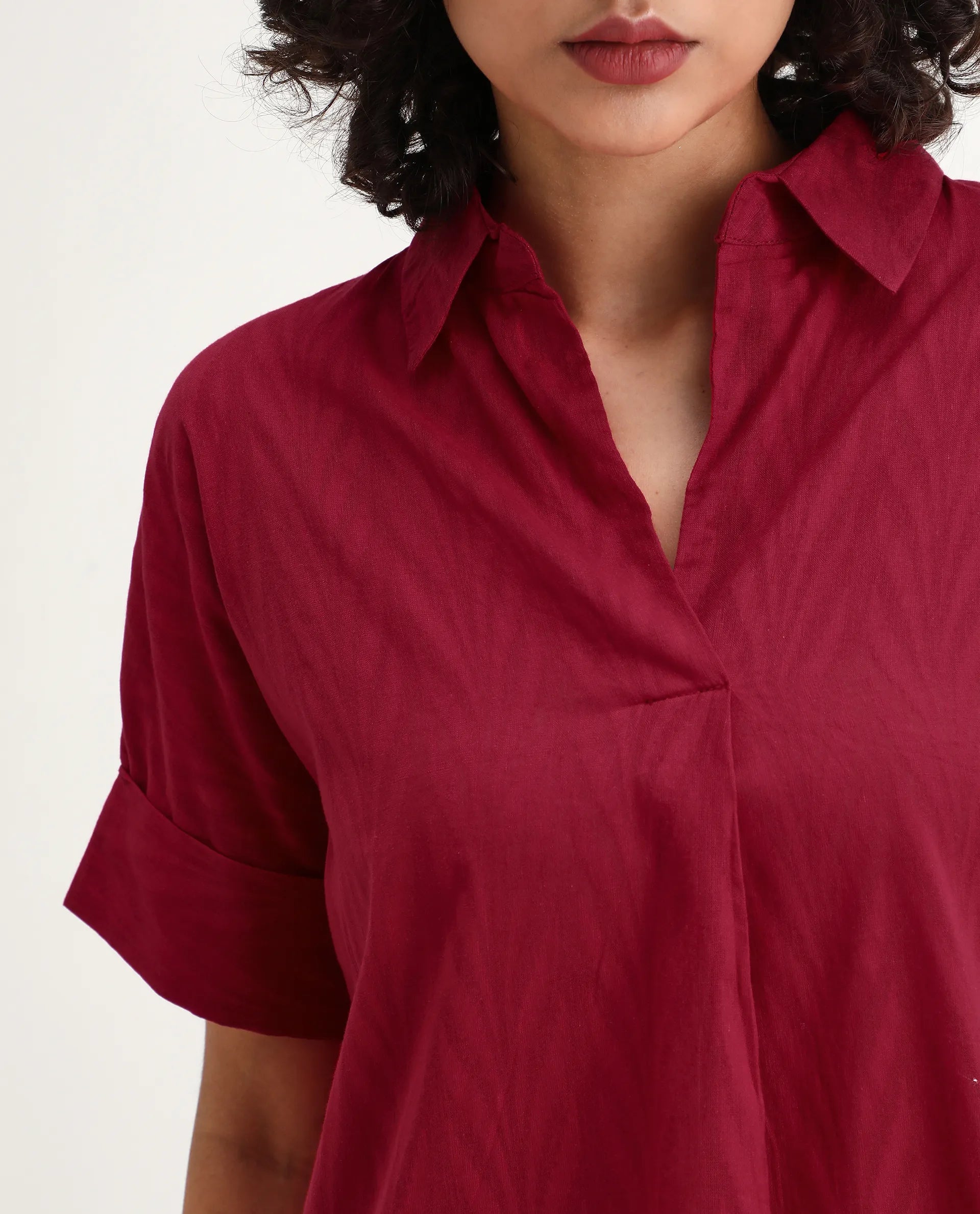 Rareism Women's Somyas Red Cotton Johnny Collar Plain Extended Sleeves Relaxed Fit Top