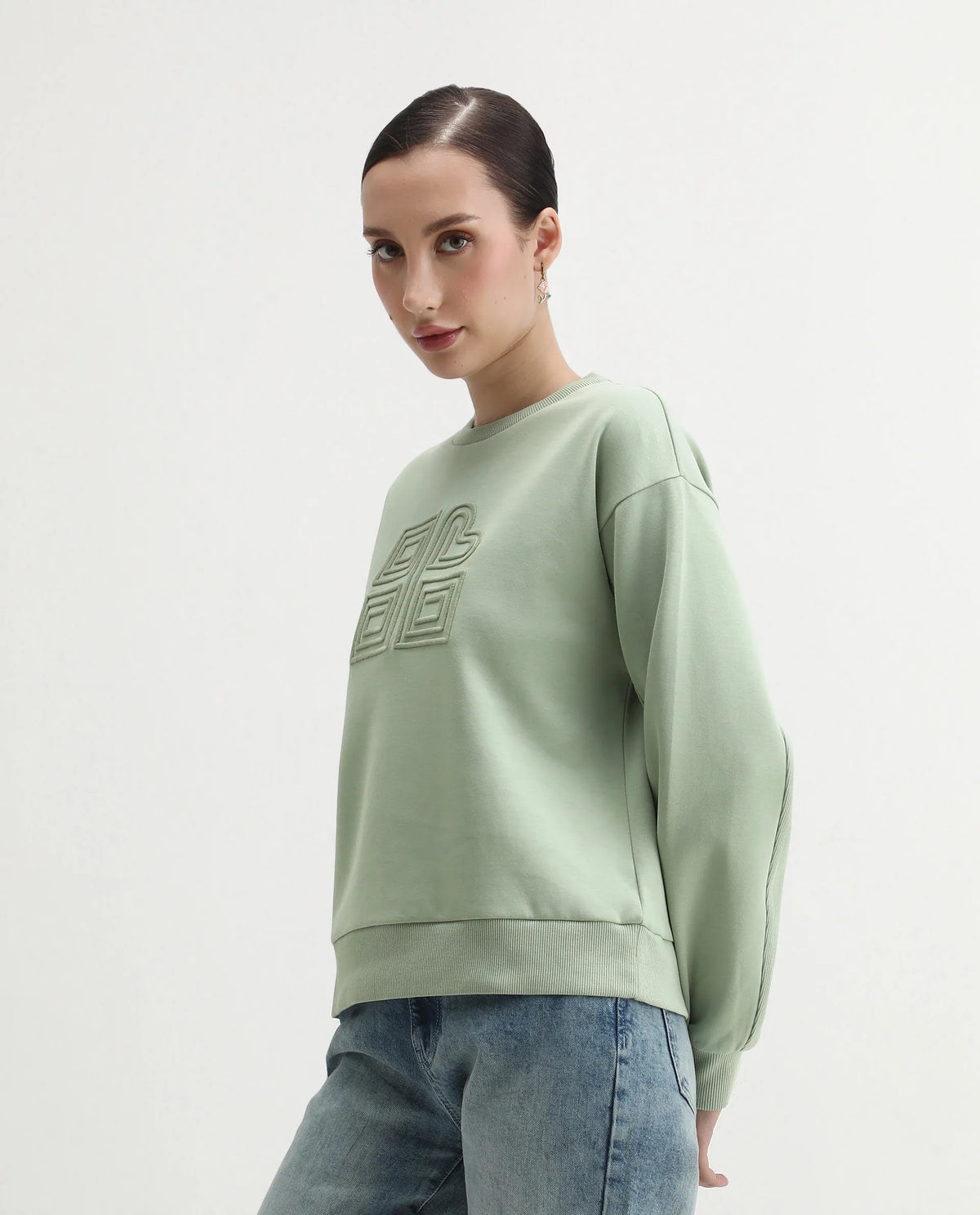 Rareism Women's Staz Light Green Cotton Blend Fabric Crew Neck Regular Fit Printed Sweatshirt