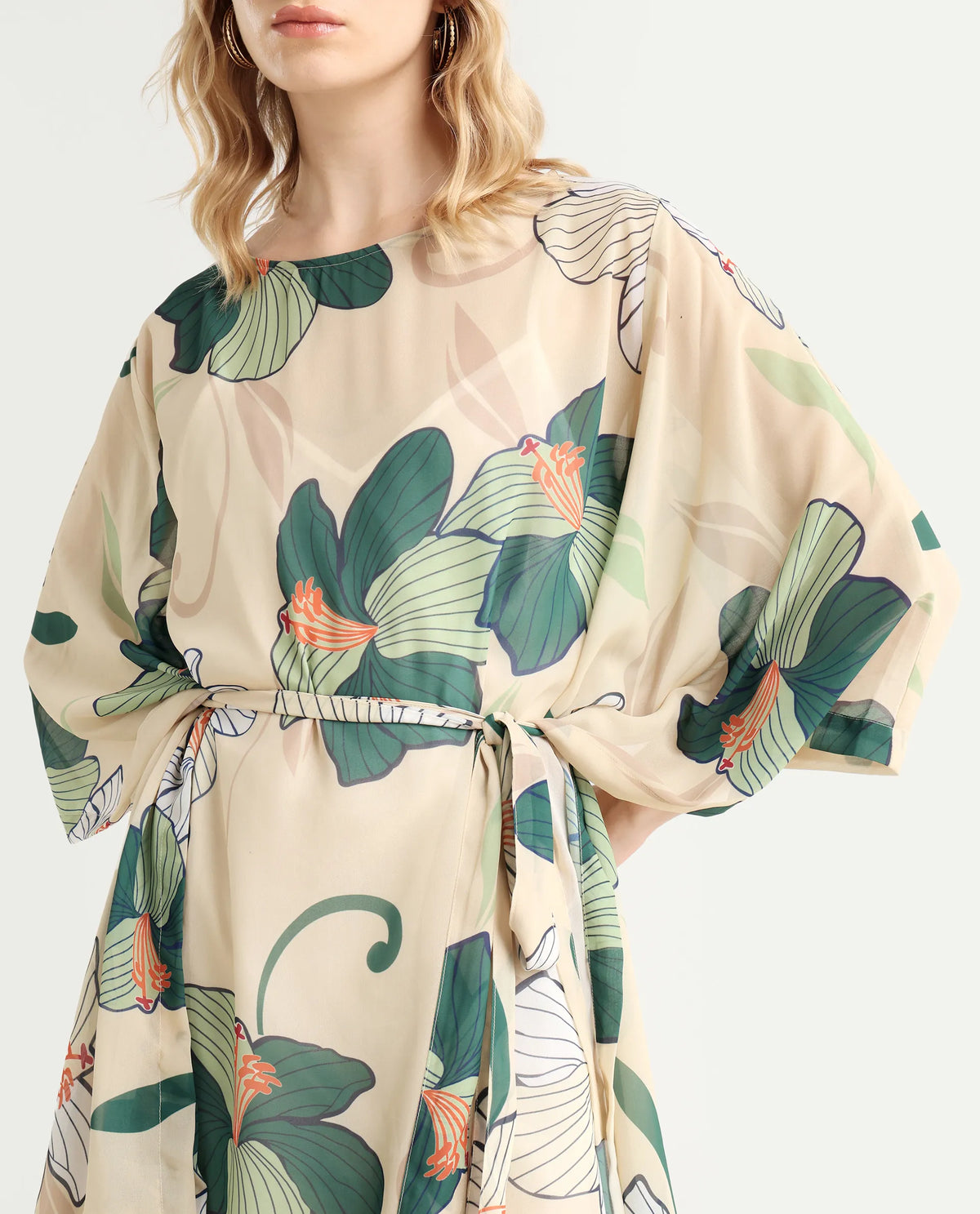 Rareism Women's Steevi Offwhite Boat Neck Abstract Print Flared Sleeve Knee Length Regular Fit Dress