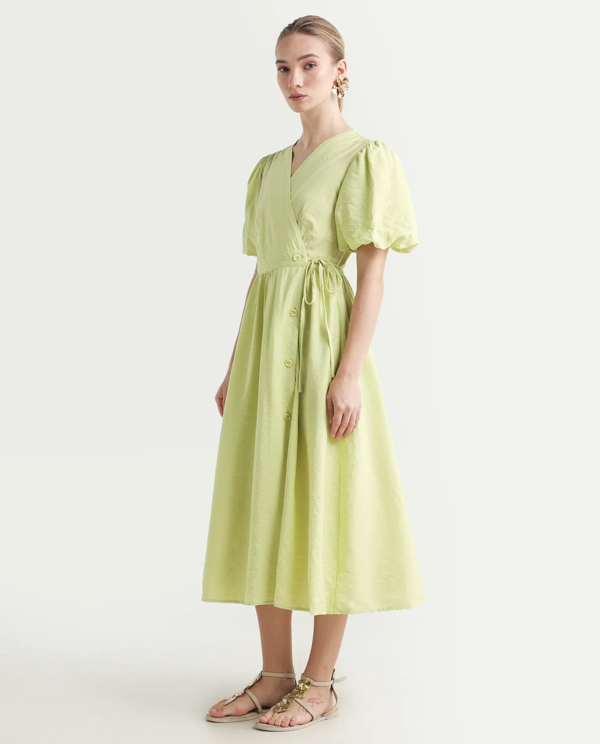 Rareism Women's Stewart Light Green Nylon Blend Overlap Neck Plain Balloon Sleeve Maxi Fit And Flare Dress